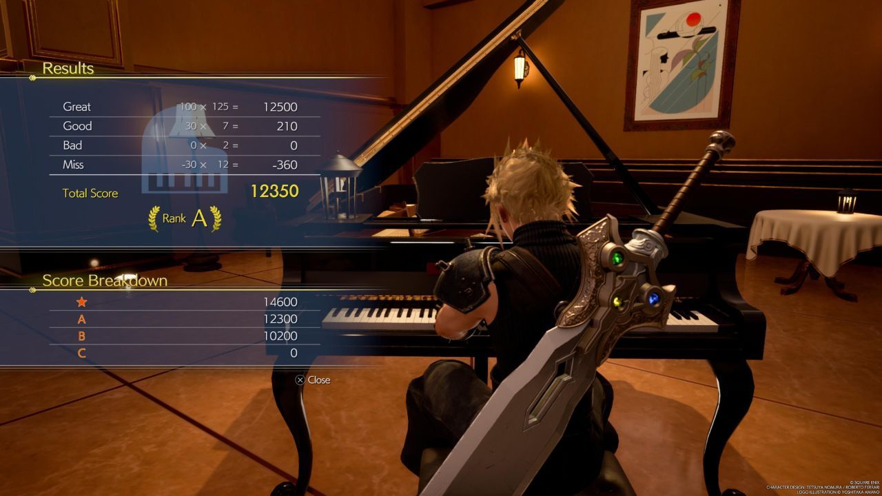 A player earning an A-Rank on a song in Final Fantasy 7 Rebirth.