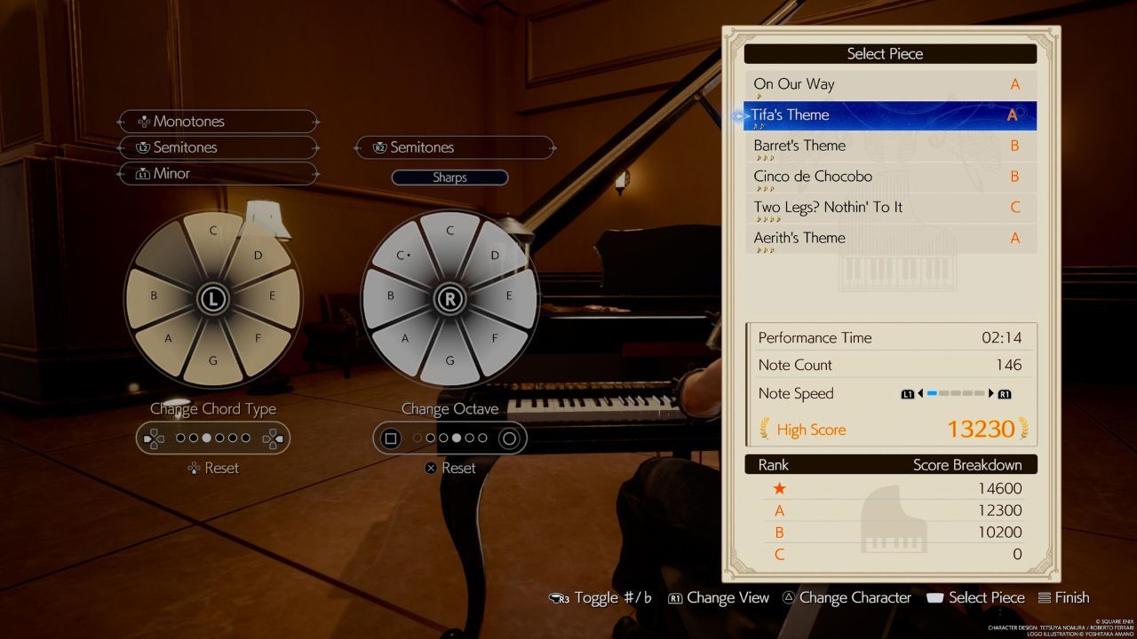 The song selection menu for the piano minigame in Final Fantasy 7 Rebirth.