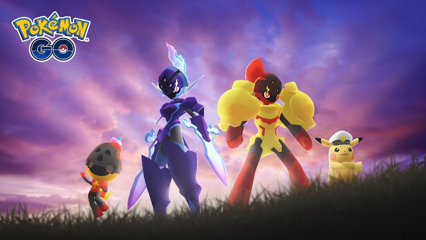 Image of Charcadet, Ceruledge, Armarouge, and Pikachu wearing Cap's hat