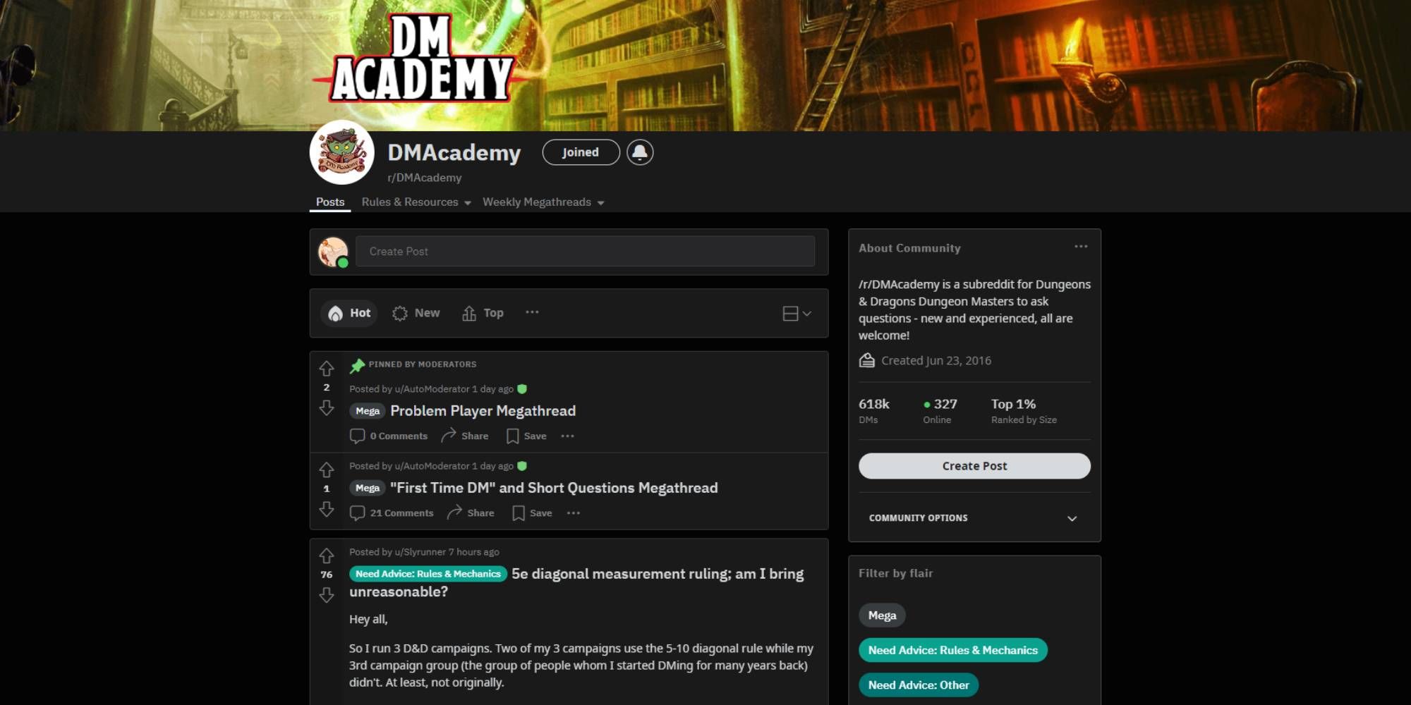 A screenshot of the Dungeons & Dragons Reddit board known as DM Academy