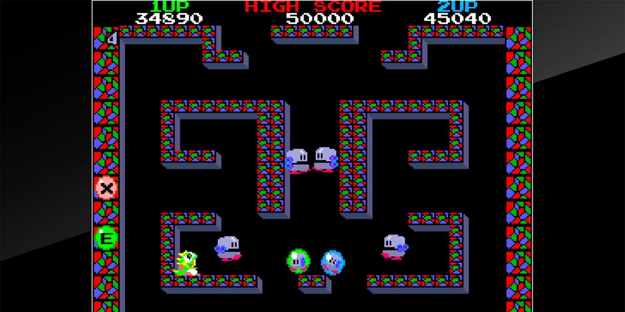 Bubble Bobble level with Bub and a group of robots.
