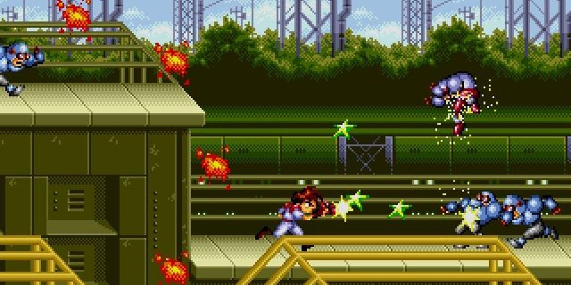 Protagonist firing at enemies in a factory. 