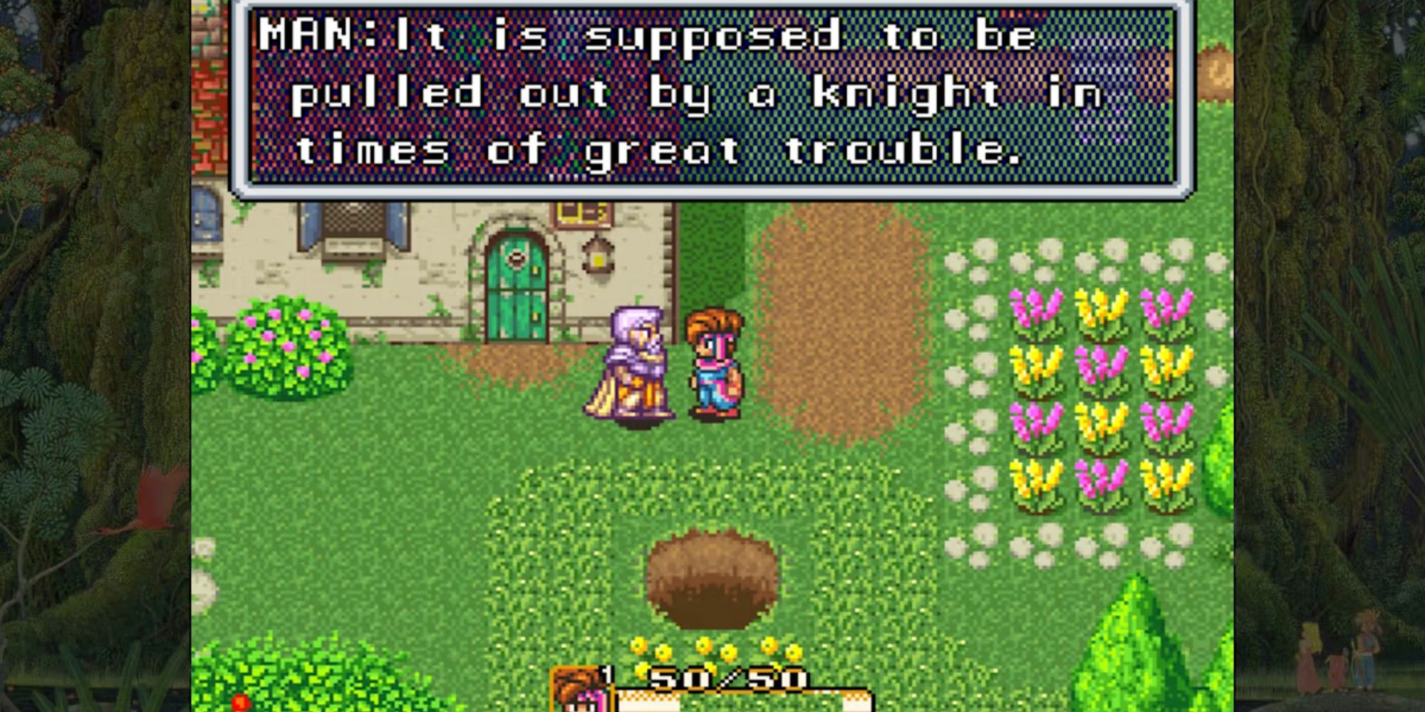 Protagonist talking to an NPC in a village.