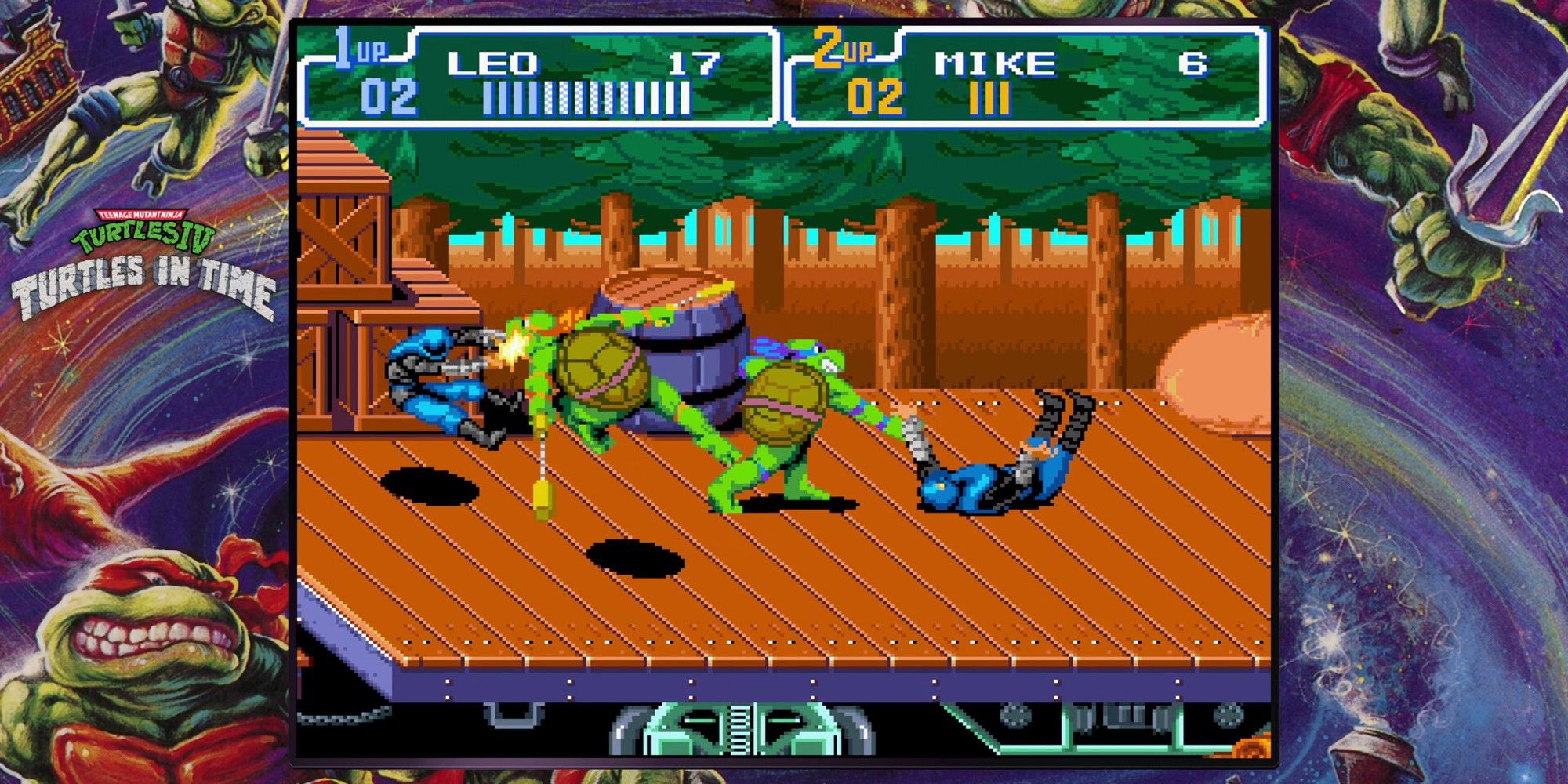 Turtles fighting ninjas in the forest.