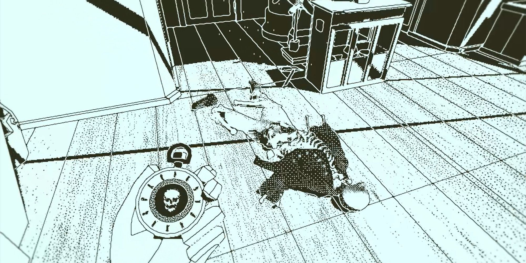 The inspector from Return of the Obra Dinn approaching a skeleton while holding the Memento Mortem.