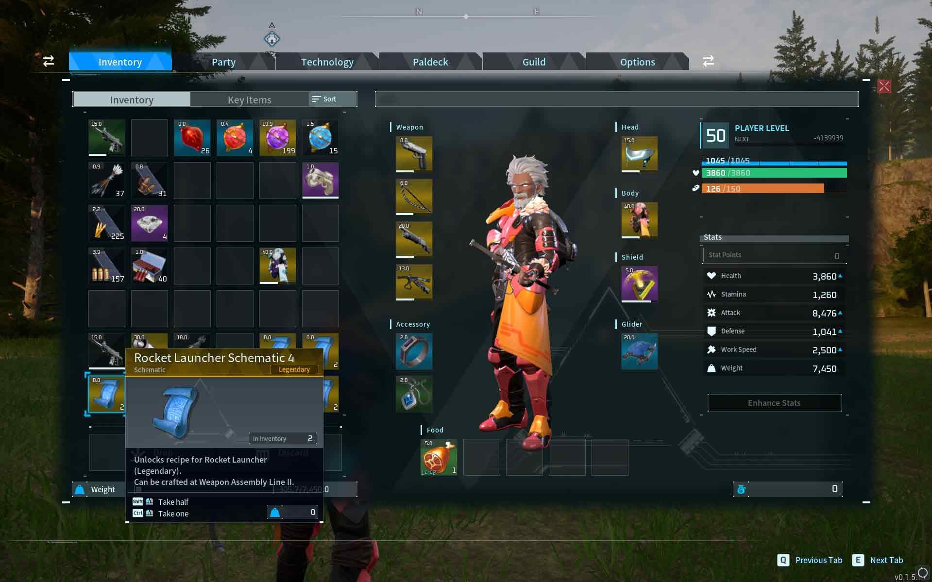 Rocket Launcher schematic in a player's inventory in Palworld
