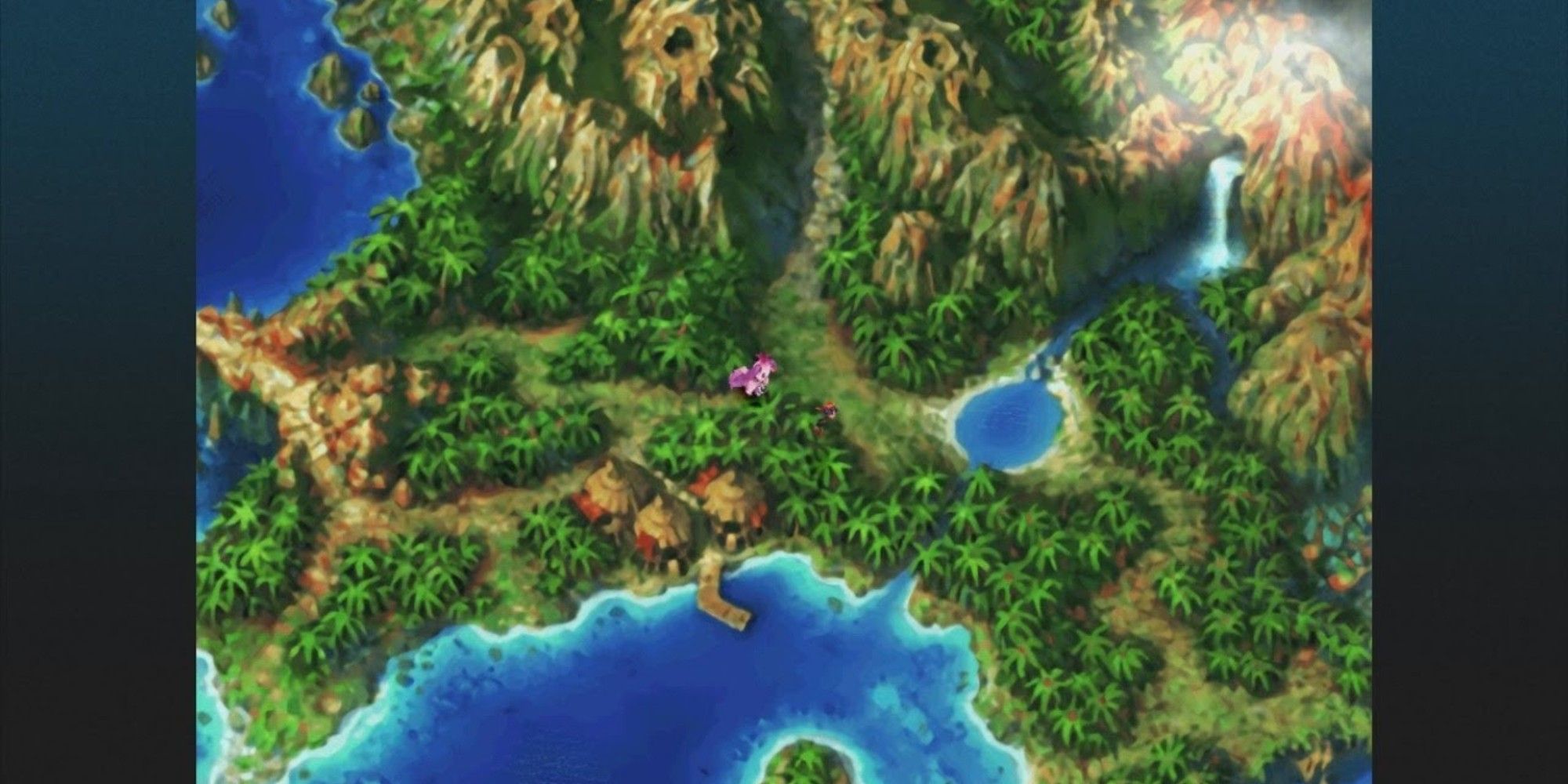 The party of Chrono Cross walking across an island with forests and a town. 