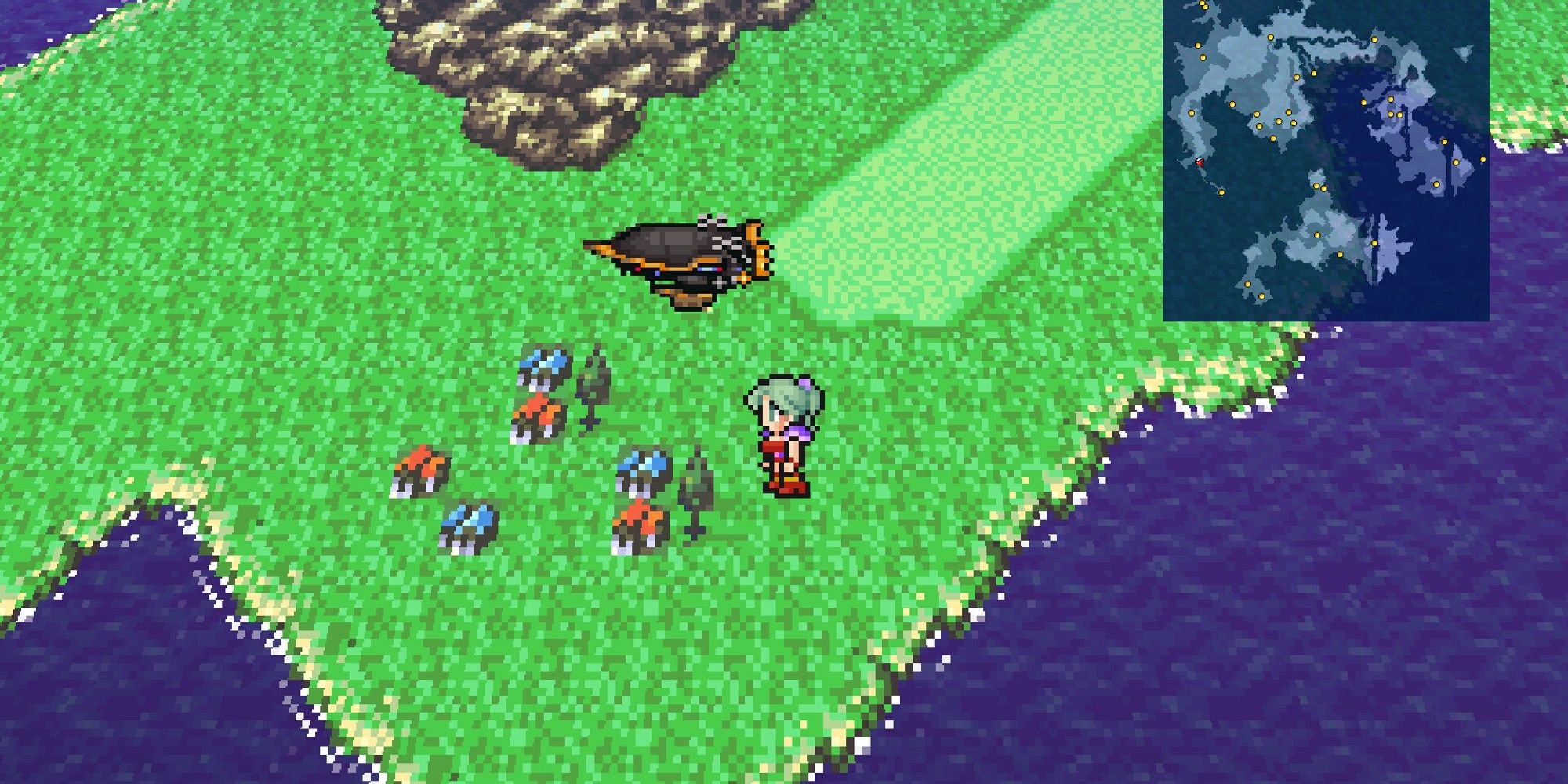 Terra standing next to a village and an airship in Final Fantasy 6. 