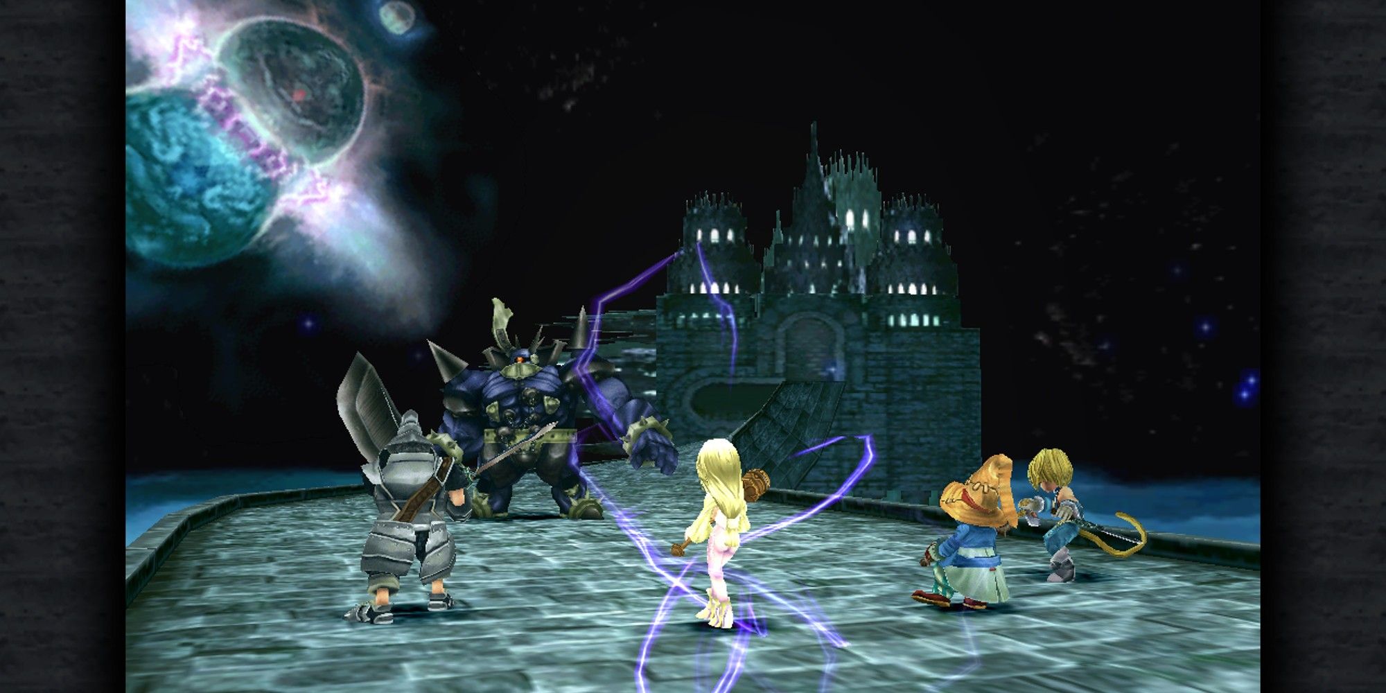 The party of Final Fantasy 9 fighting a dark knight outside a castle. 