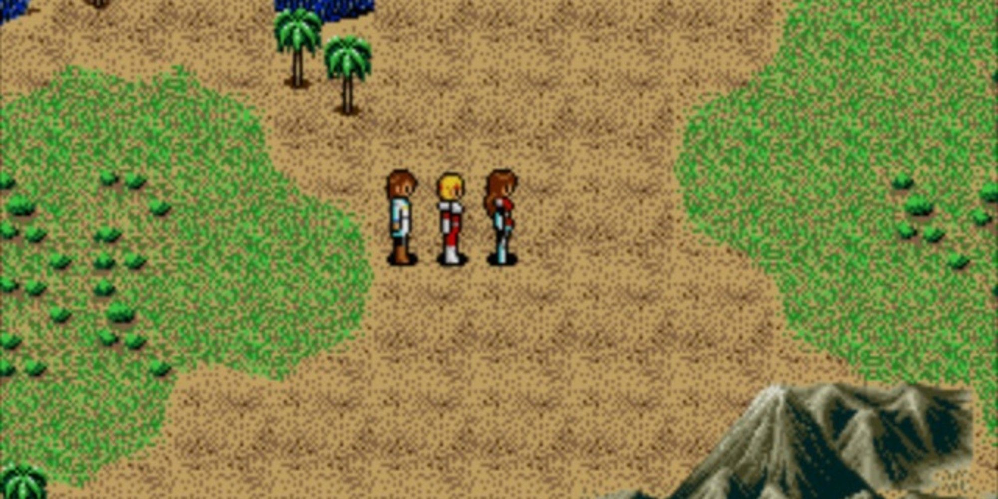 The party of Phantasy Star 4 walking through the Motavian desert. 