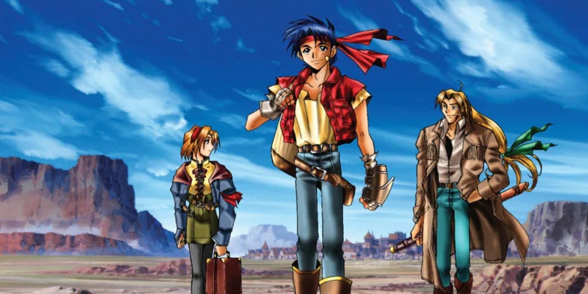 The party of Wild Arms standing in front of a desert town.