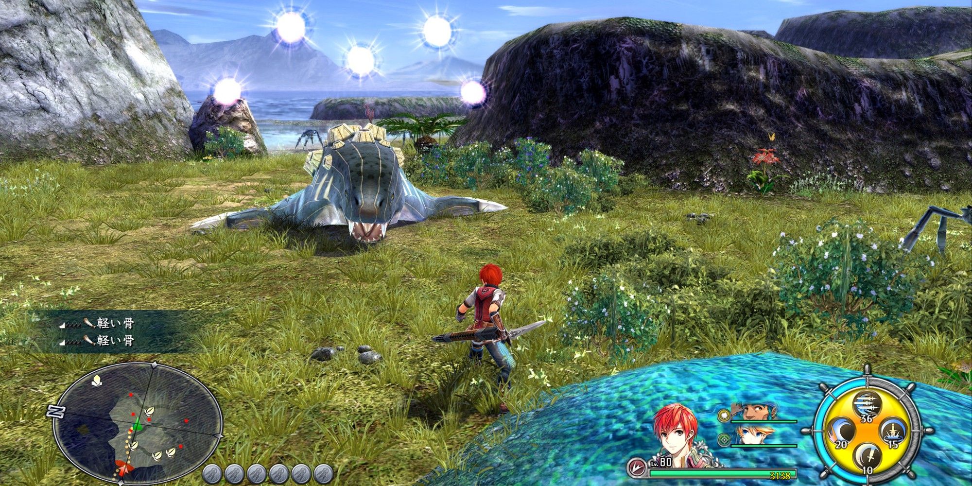 Adol fighting monsters next to the beach. 