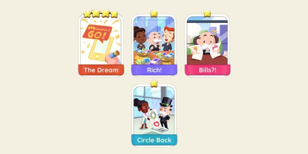 the dream, rich, bills, circle back stickers from a 4-star sticker pack in Monopoly Go