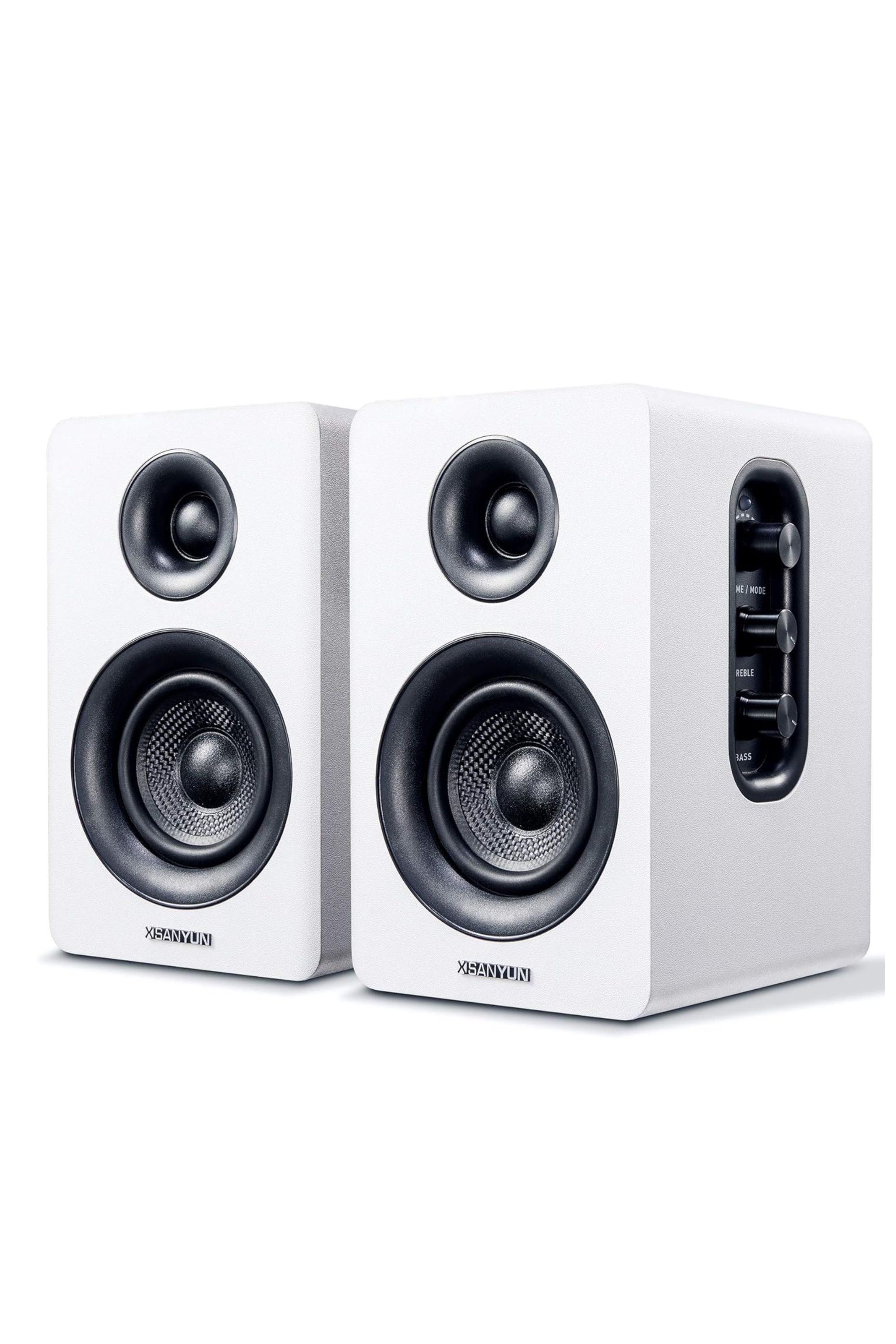 A pair of white Sanyun SW208 speakers against a white background.