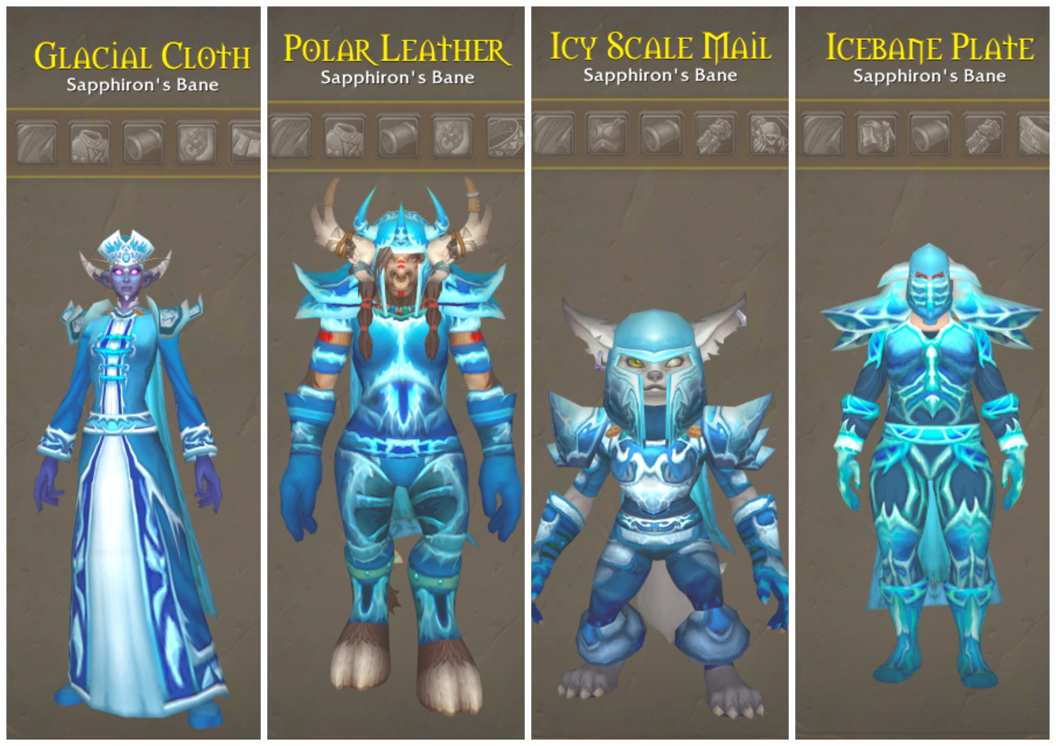 sapphiron's bane armor sets, from left to right: cloth, leather, mail, and plate
