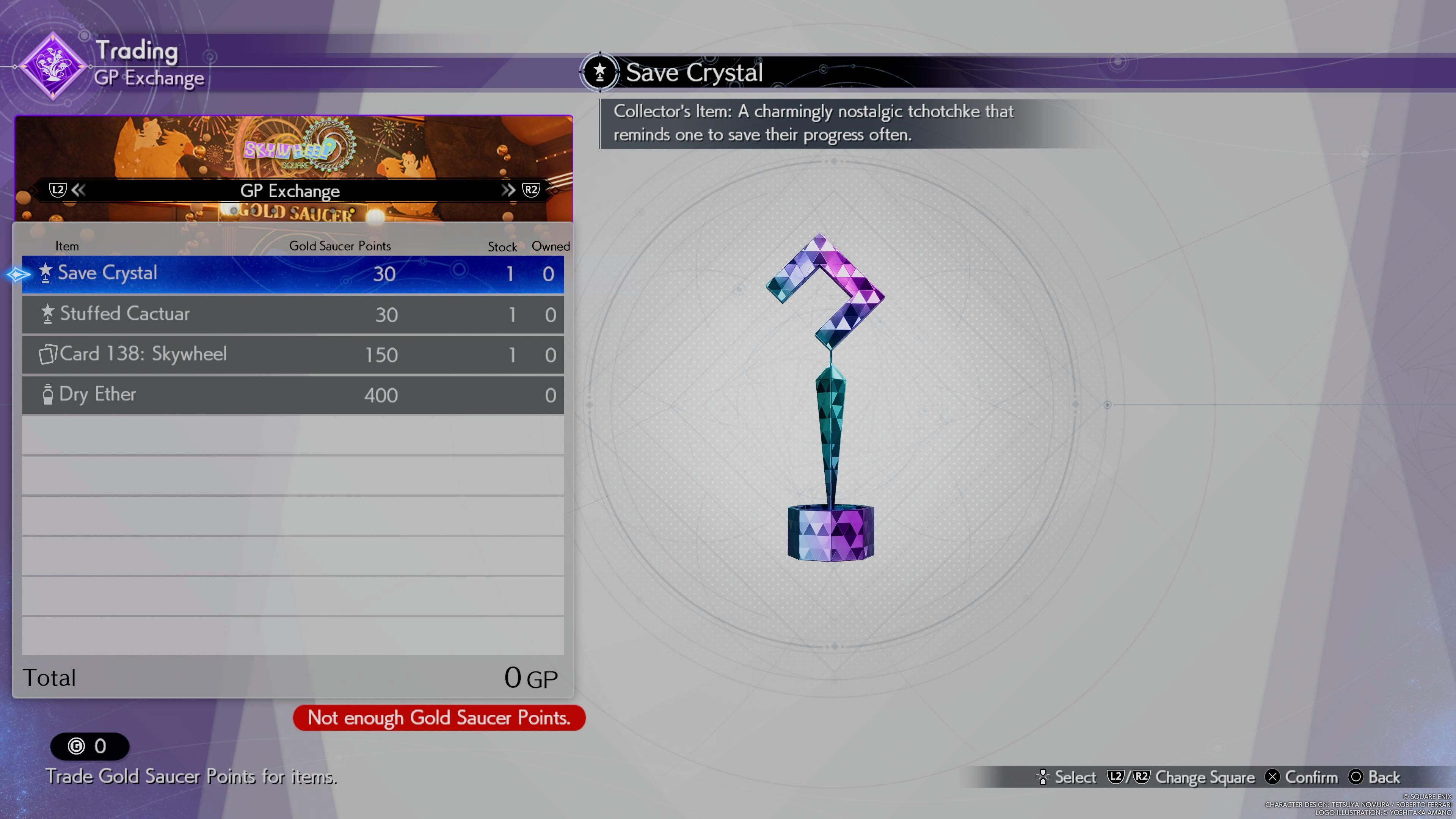 Save Crystal Curio at the GP Exchange in the Gold Saucer in FF7 Rebirth