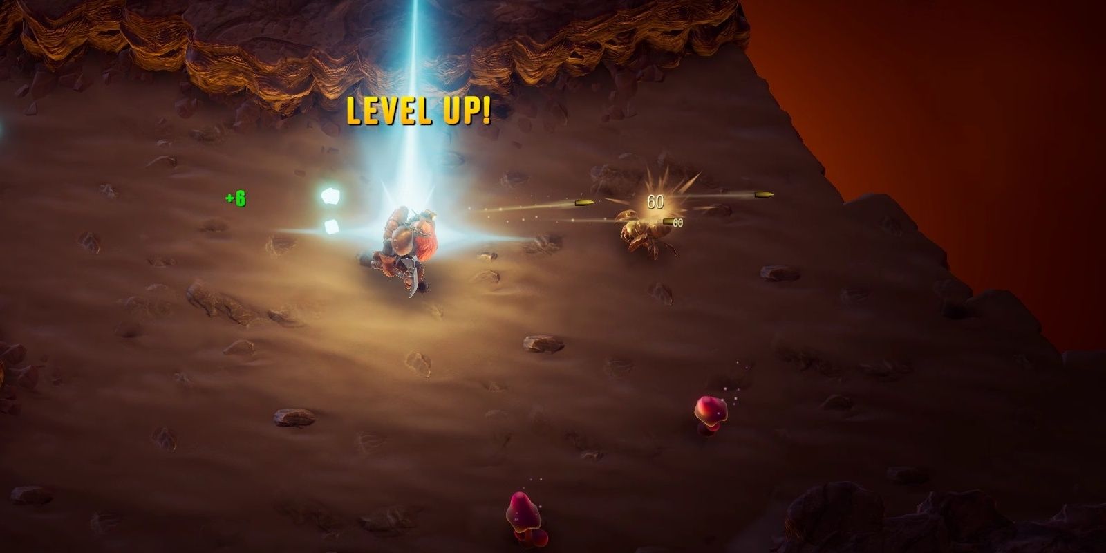 Deep Rock Galactic Survivor The Scout fires a few rounds at a bug, Leveling up at the same time
