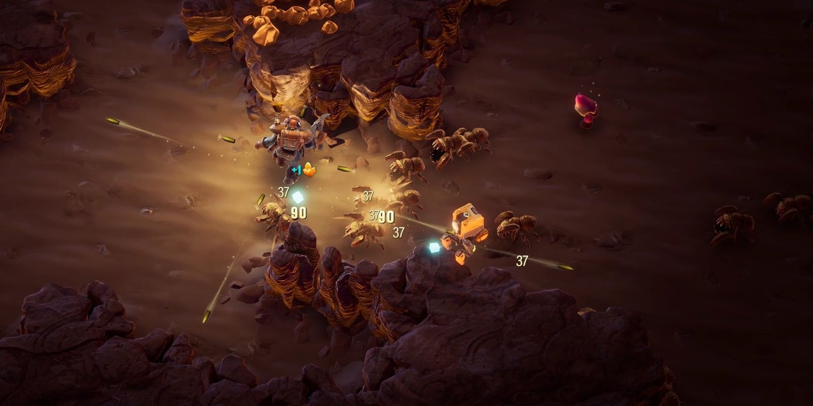 Deep Rock Galactic Survivor the Scout mines a rock wall, firing bullets in four directions 