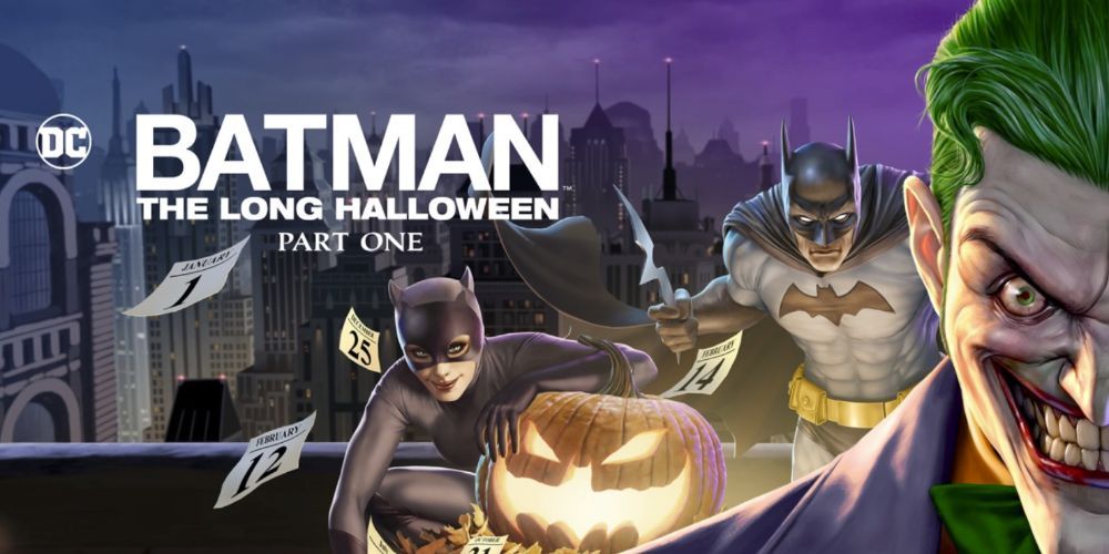 The Joker, Batman, and Catwoman are posed around a jack-o-lantren with calander dates blowing by.