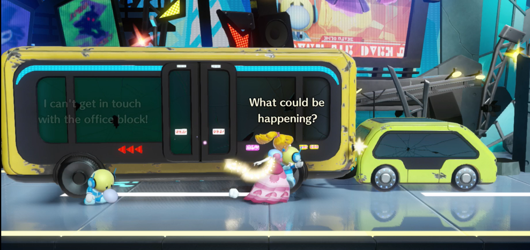 Princess Peach Showtime Mighty Peach running past a big yellow bus