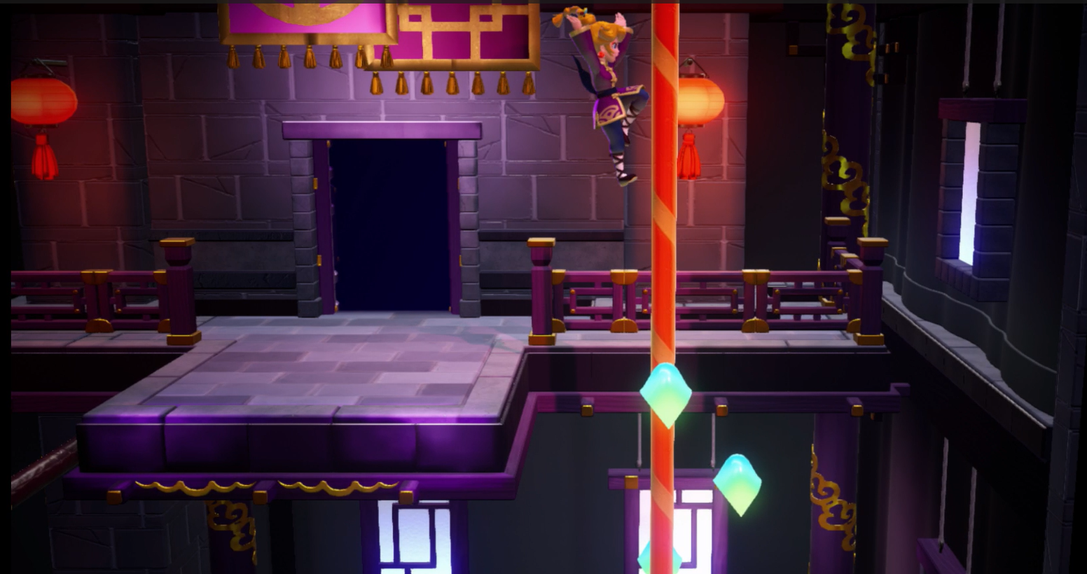 Princess Peach Showtime Peach grabbing fragments on a kung fu pole