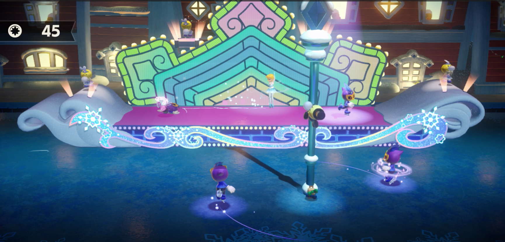 Princess Peach Showtime Peach helping Ribbon Man on lamppost in A Parade on Ice
