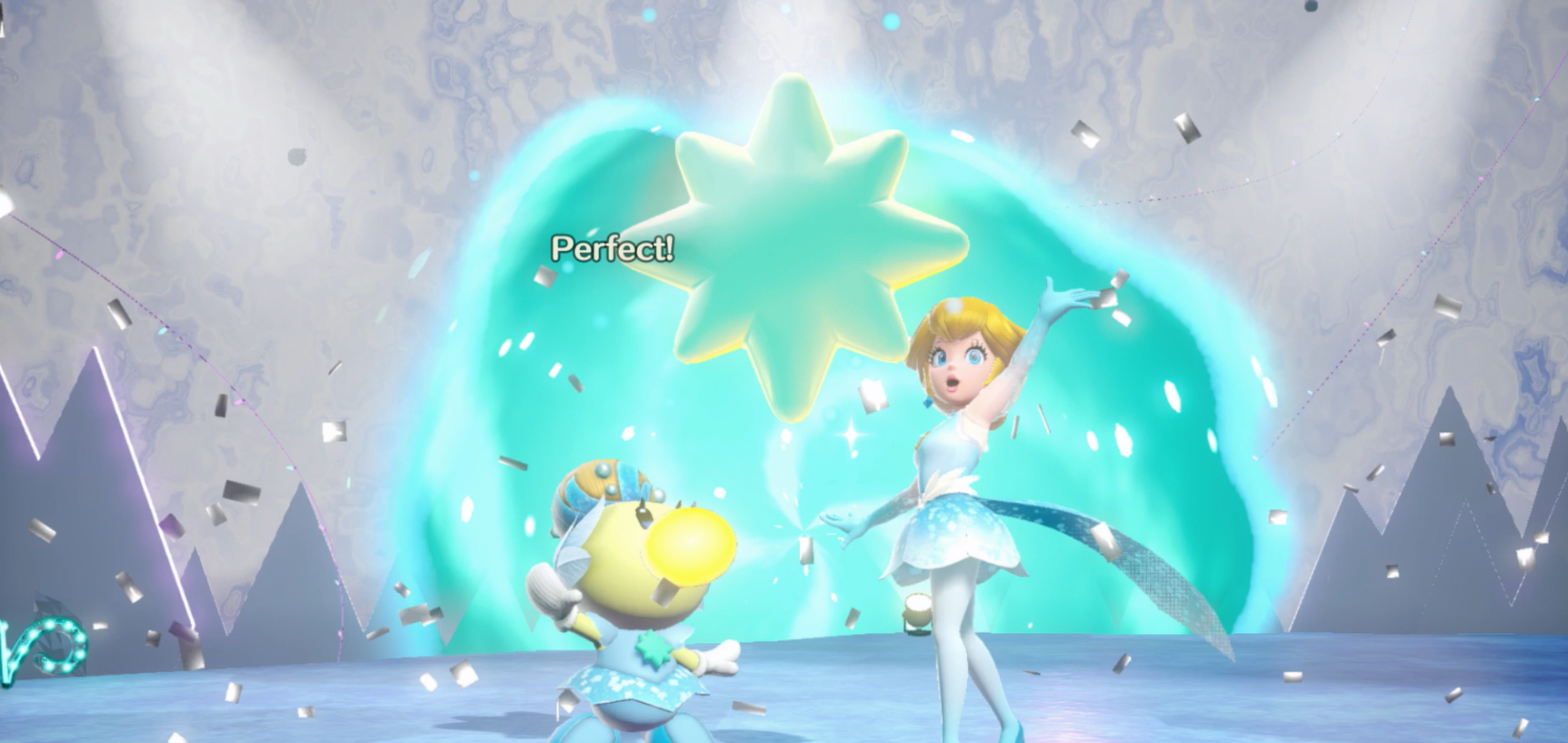 Princess Peach Showtime Peach celebrating with the figure skater sparkla