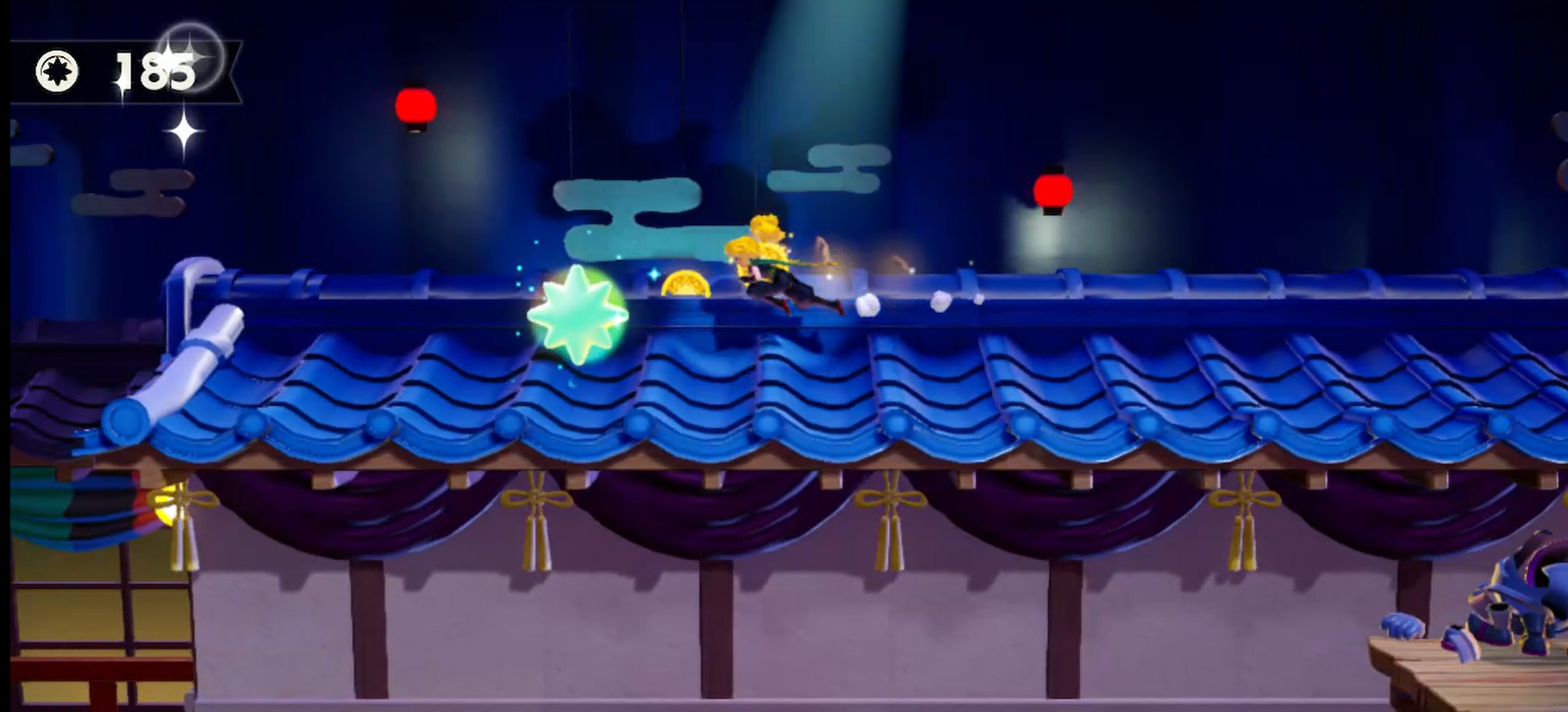 Princess Peach Showtime Peach running to a Gem on a rooftop
