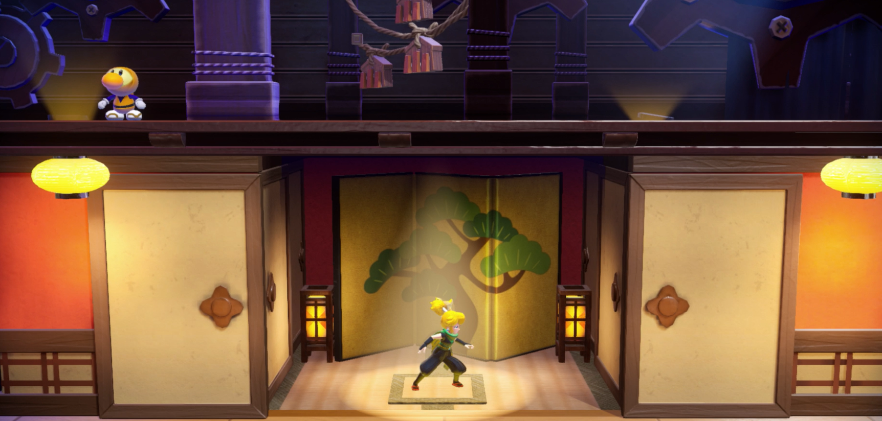 Princess Peach Showtime Peach posing inside the dojo hut
