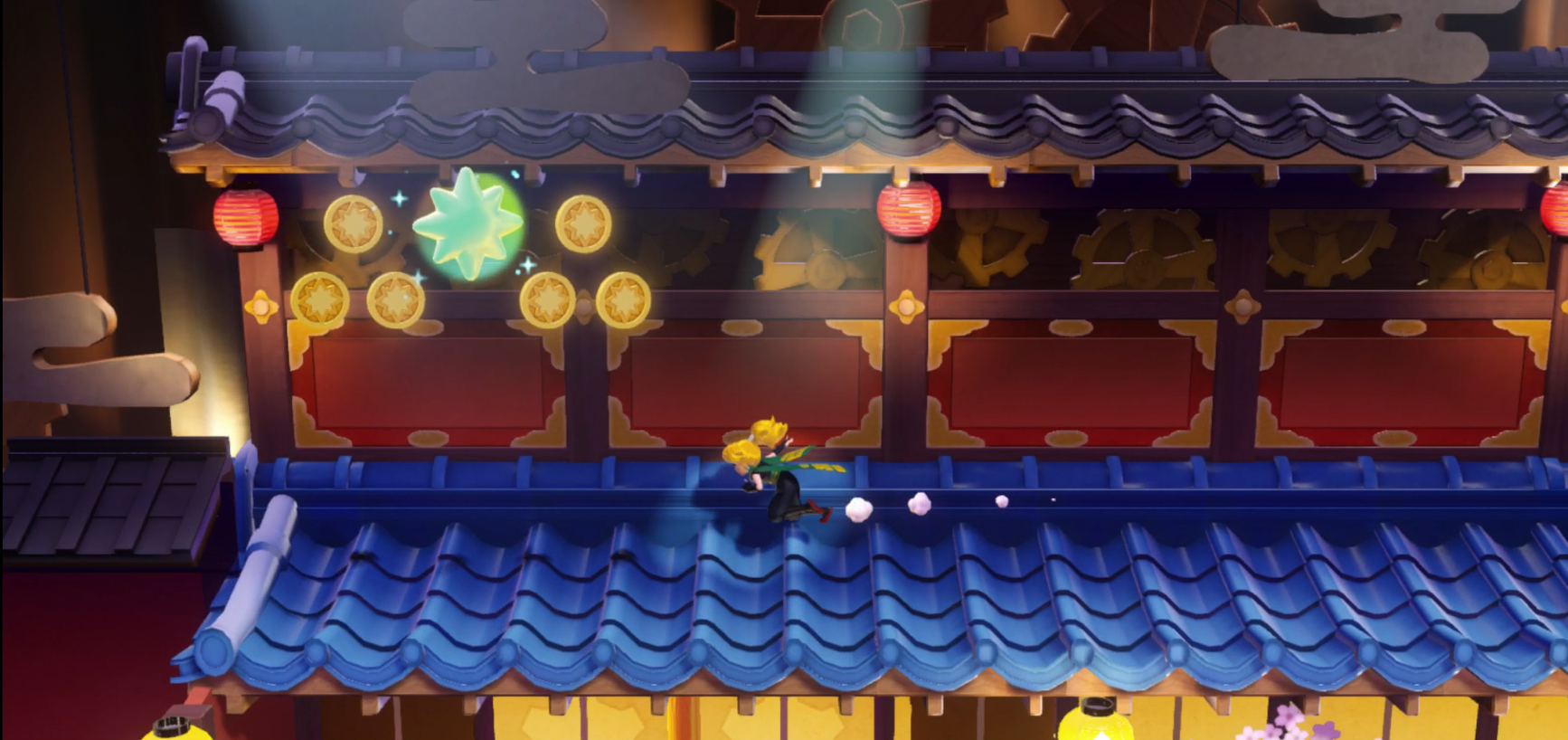 Princess Peach Showtime Peach grabbing a Gem on the roof