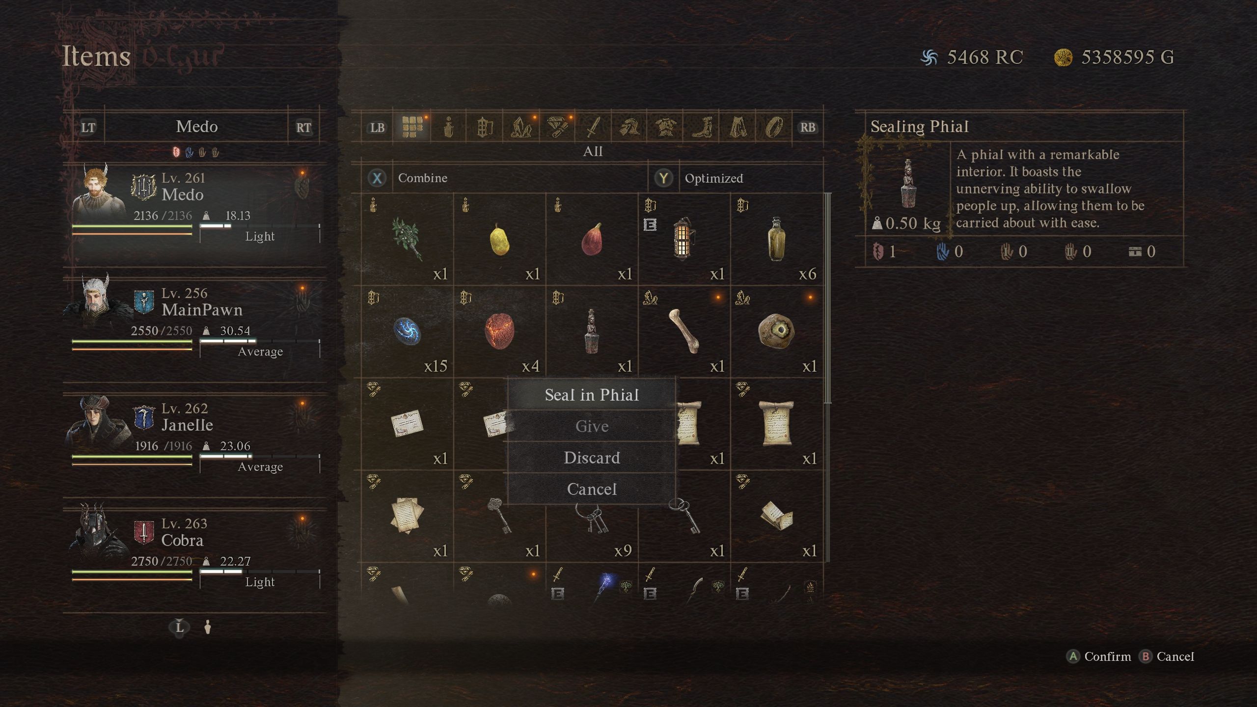 Sealing Phial menu - Dragon's Dogma 2