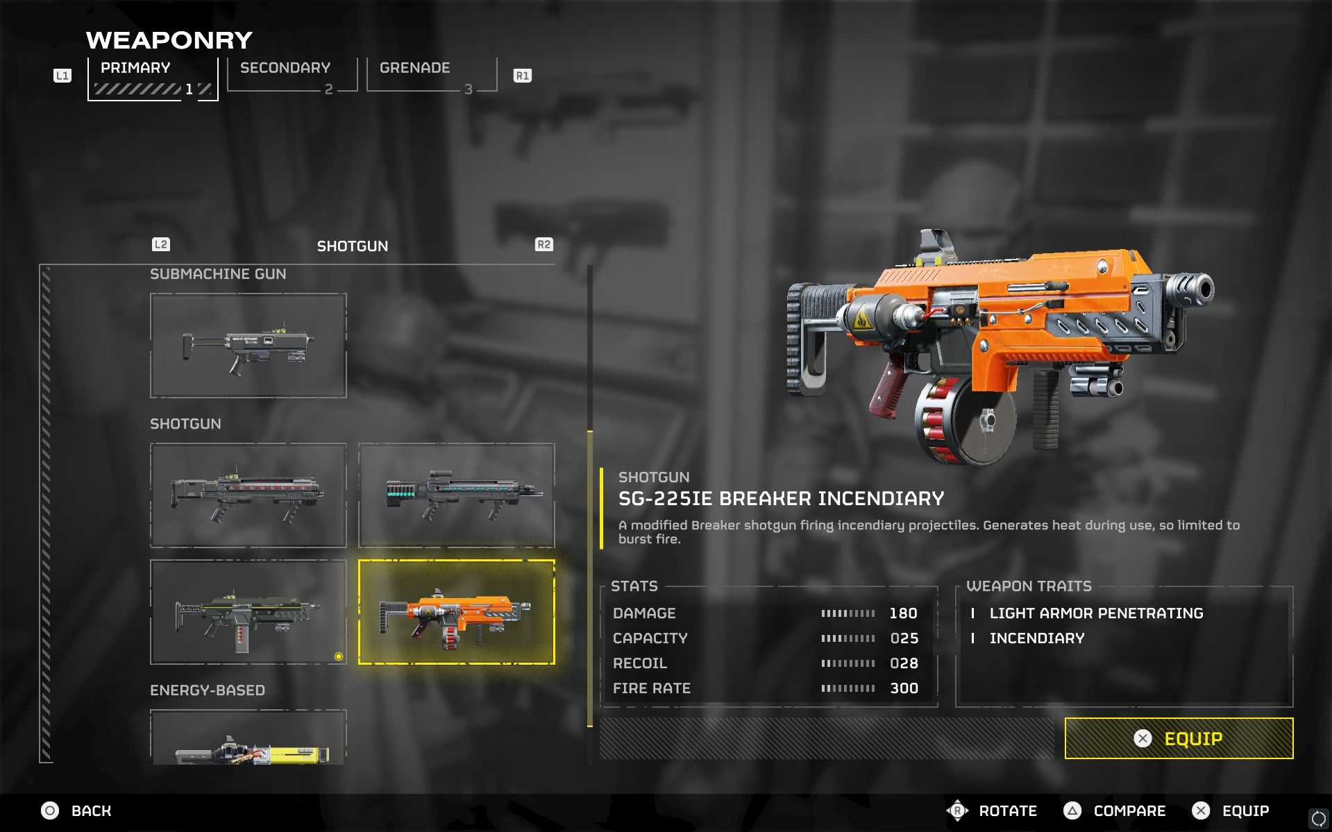 SG-225IE Breaker Incendiary weapon showcase in Helldivers 2