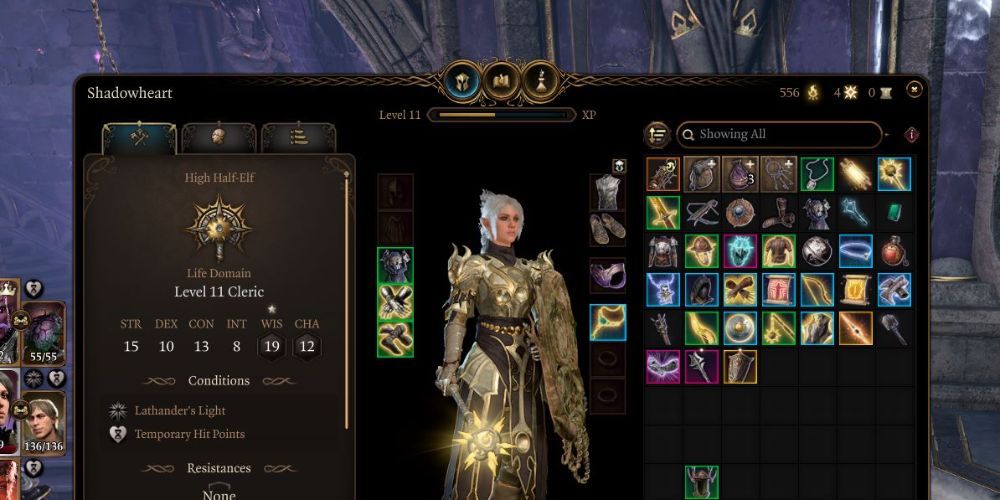 Shadowheart in the Act 3 with white hair and an inventory filled with magic items