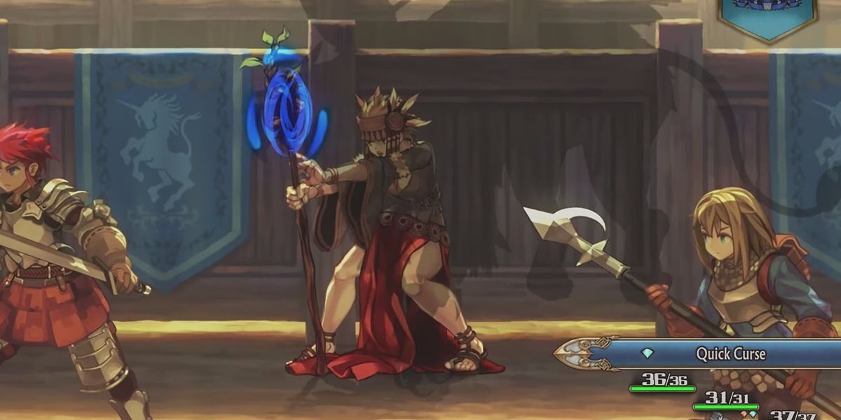 A Shaman bracing a curse spell against enemies in Unicorn Overlord.