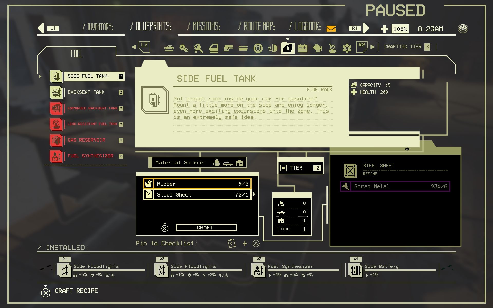 Side Fuel Tank upgrade menu screen in Pacific Drive