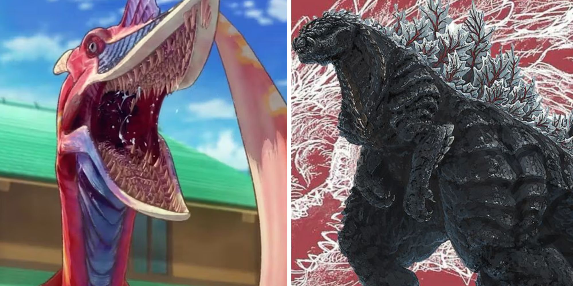 Godzilla: Singular Point split image featuring two of the series' most prominent kaiju.