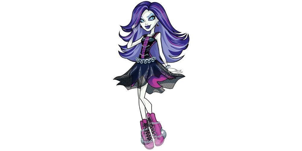 Spectra Vondergeist Floating With Hand In Hair Wearing Black Dress And Pink Shoes