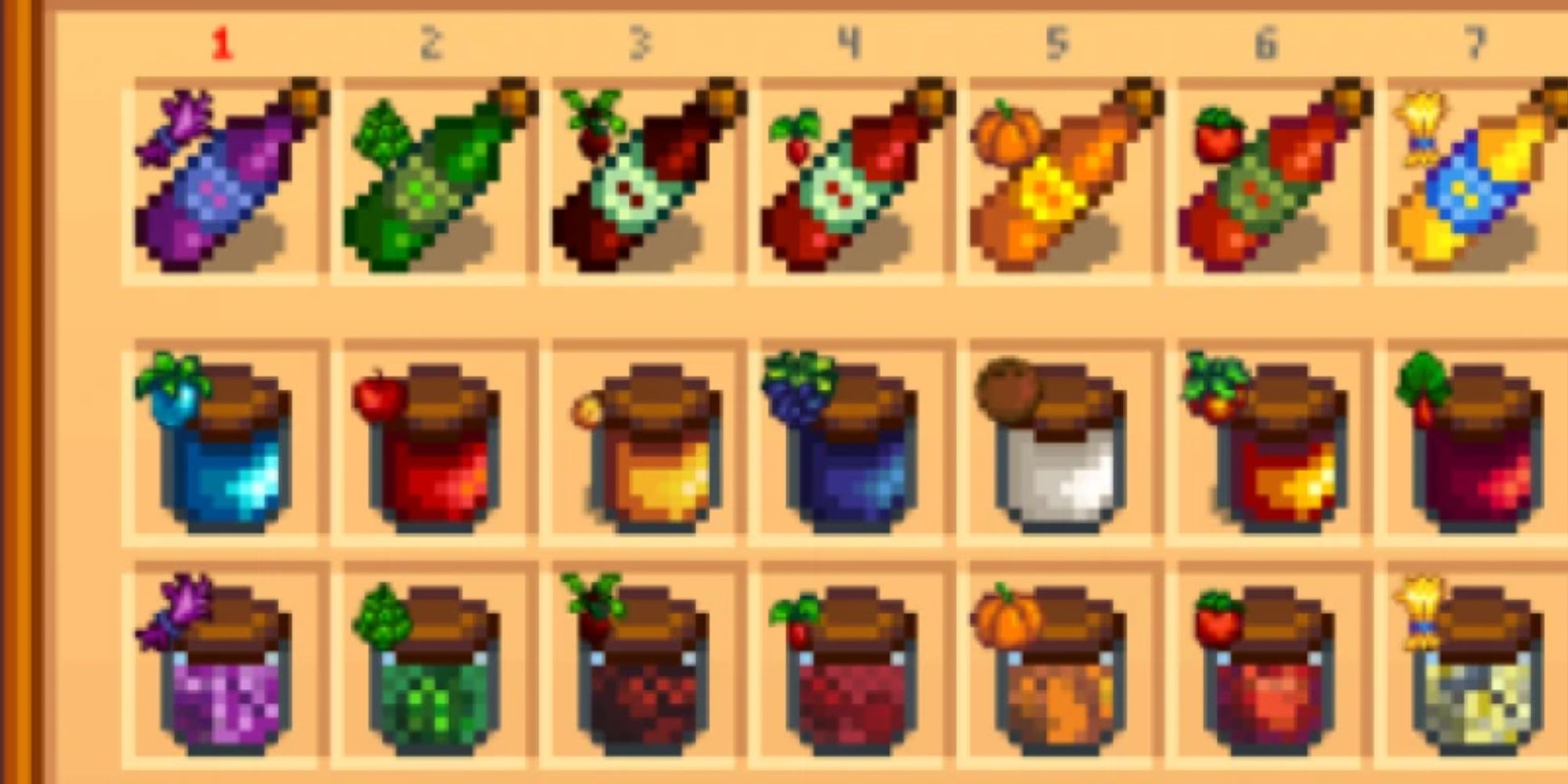 An image from Stardew Valley of the Better Artisan Good Icons UI Mod. This mod better demonstrates which artisan good you have in your inventory by including a small photo of the specific fruit or vegetable the product is made out of. 