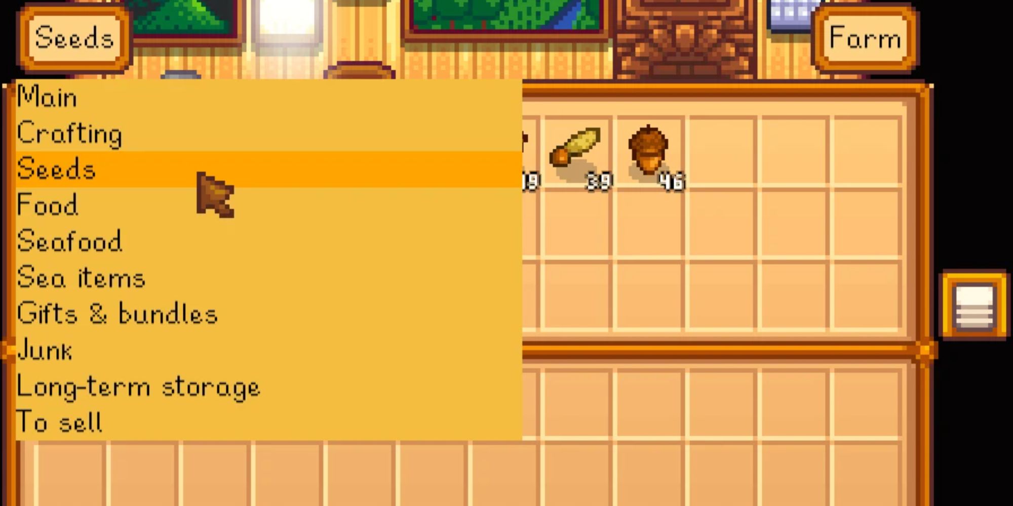 An image from Stardew Valley of the Chests Anywhere UI Mod. This mod allows you to acces your chests from anywhere in the world, allowing you to organize or store materials. 
