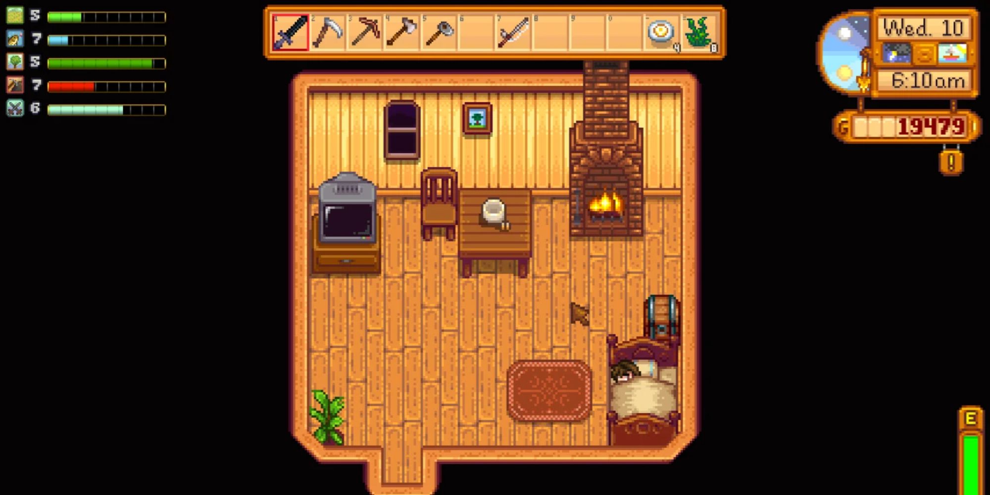 An image from Stardew Valley of the Experience Bars UI Mod. This mod adds UI bars in the upper left corner of the screen while you are inside your house, which showcase the level of your skills.