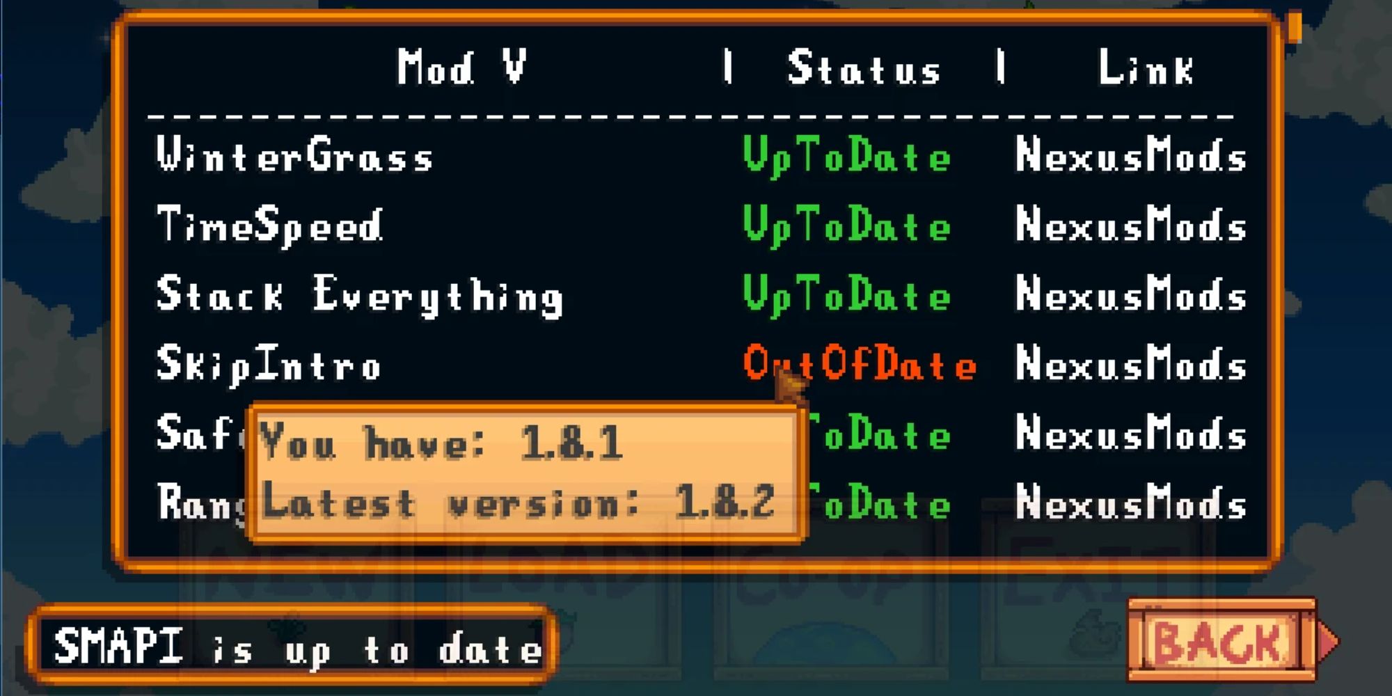 An image from Stardew Valley of the Mod Update Menu UI Mod. This mod showcases if any of your downloaded mods are out of date, so you can update them before you play. 