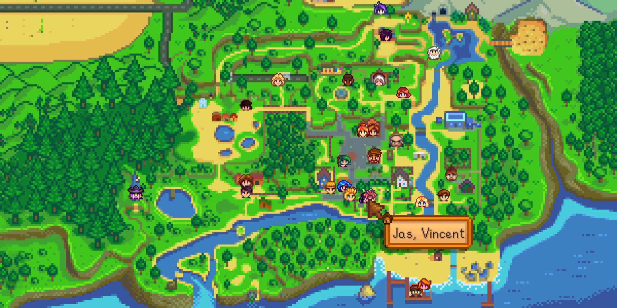 An image from Stardew Valley of the NPC Map Locations UI Mod. This mod updates the map to showcase the location of every NPC on the map, even when they move around.