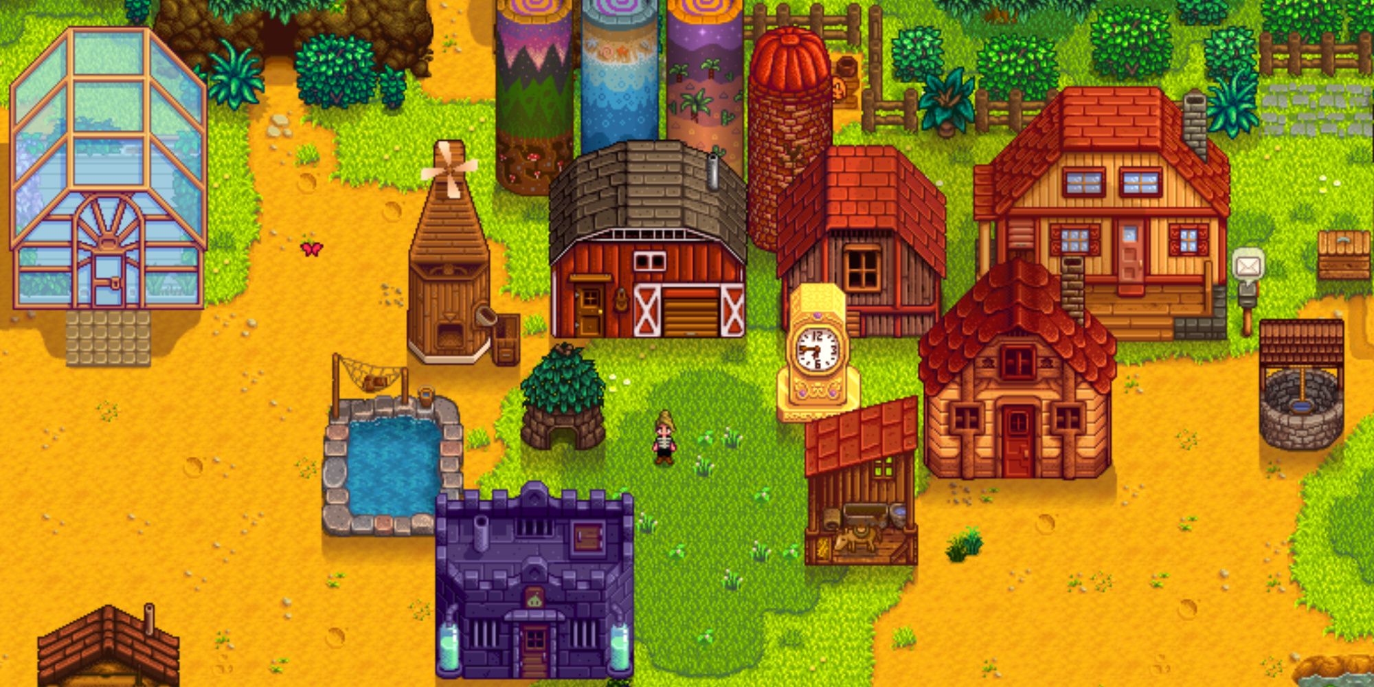 Stardew Valley the Farmer Standing in the middle of a bunch of buildings from Rasmodeous and Robin's shops