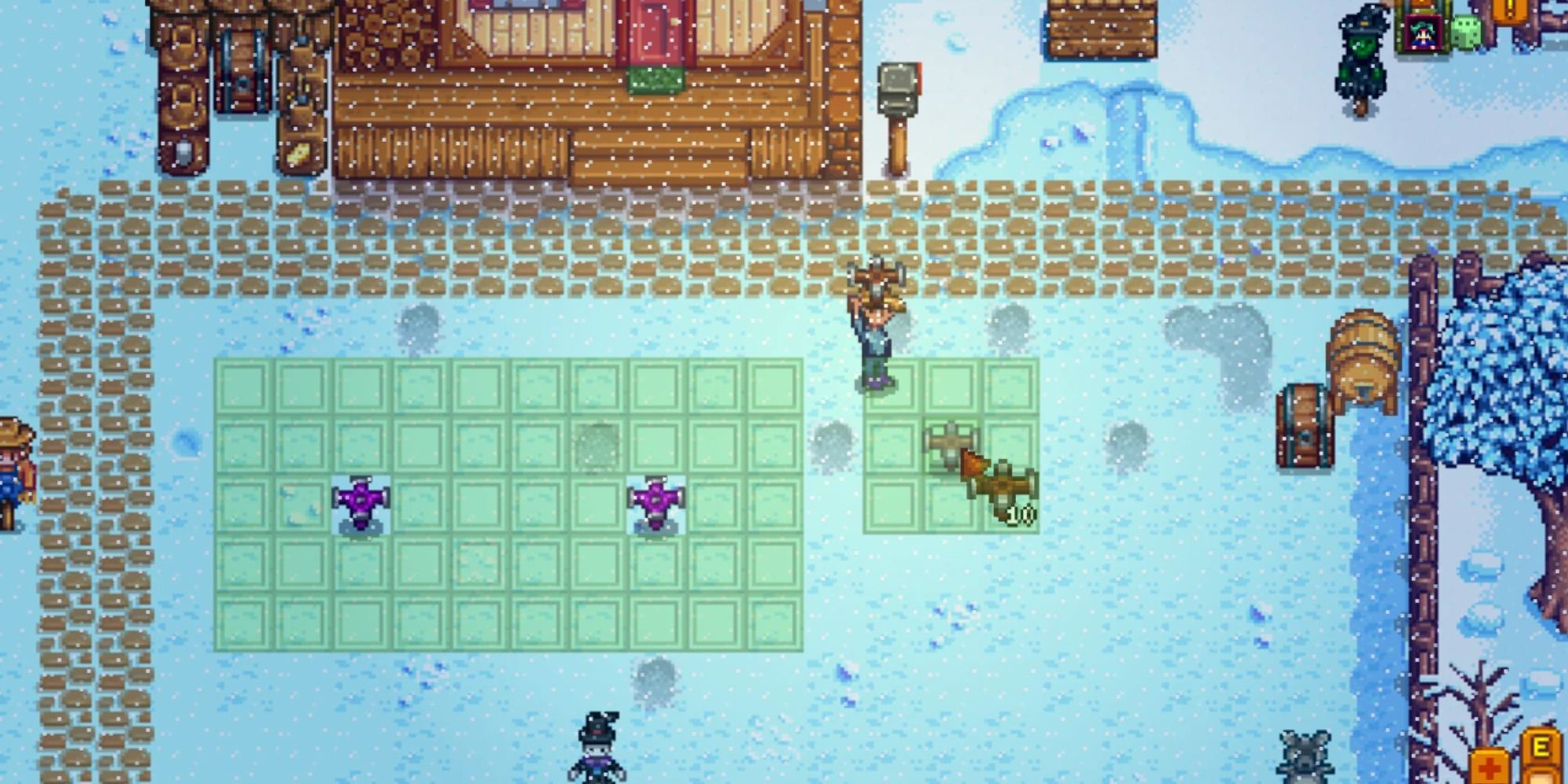 An image from Stardew Valley of the UI Info Suite UI Mod. This mod adds various UI improvements, such as how fair sprinklers reach.