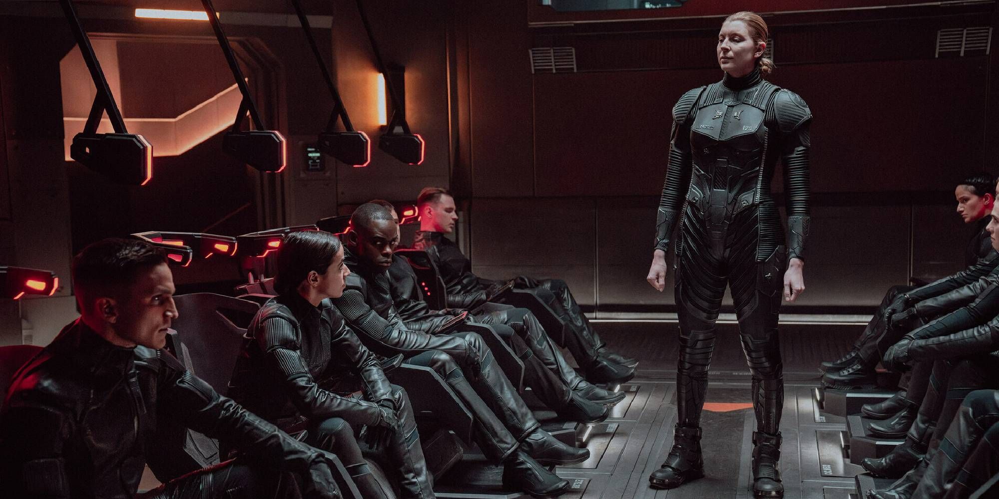 Still from the Halo Paramount show featuring Kai instructing a group of Spartan 3s