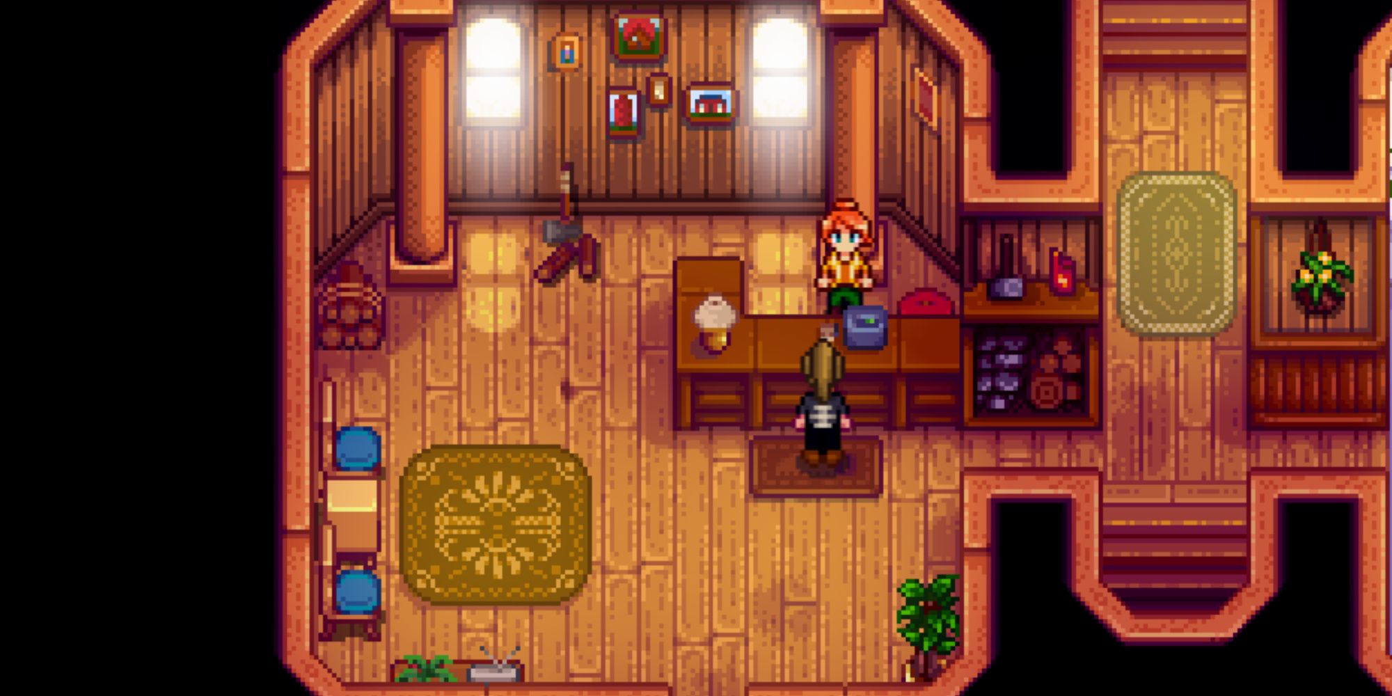 the farmer inside of robin's shop in stardew valley, getting ready to buy some carpentry stuff
