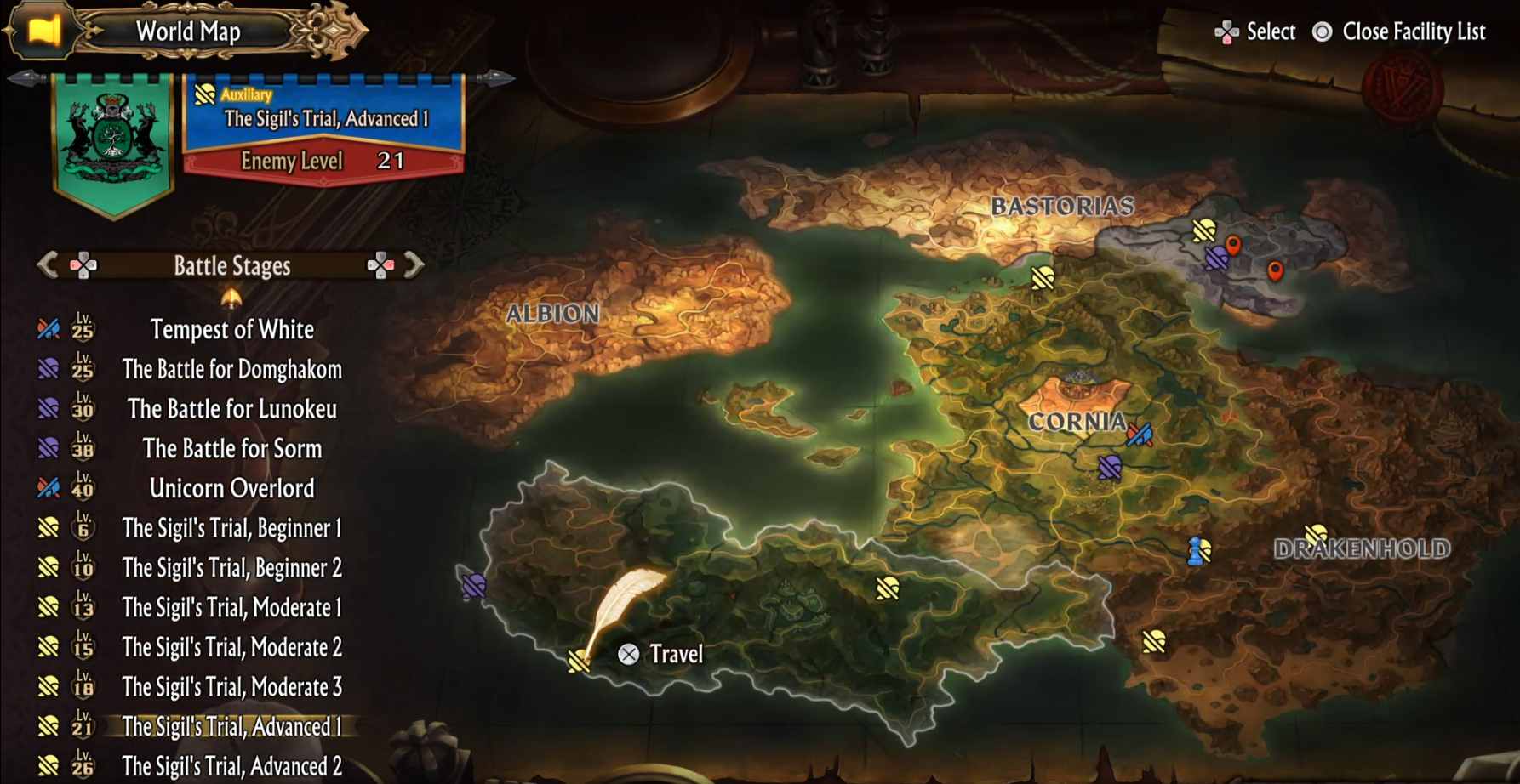 The map of Fevrith with Auxiliary Quests highlighted in Unicorn Overlord