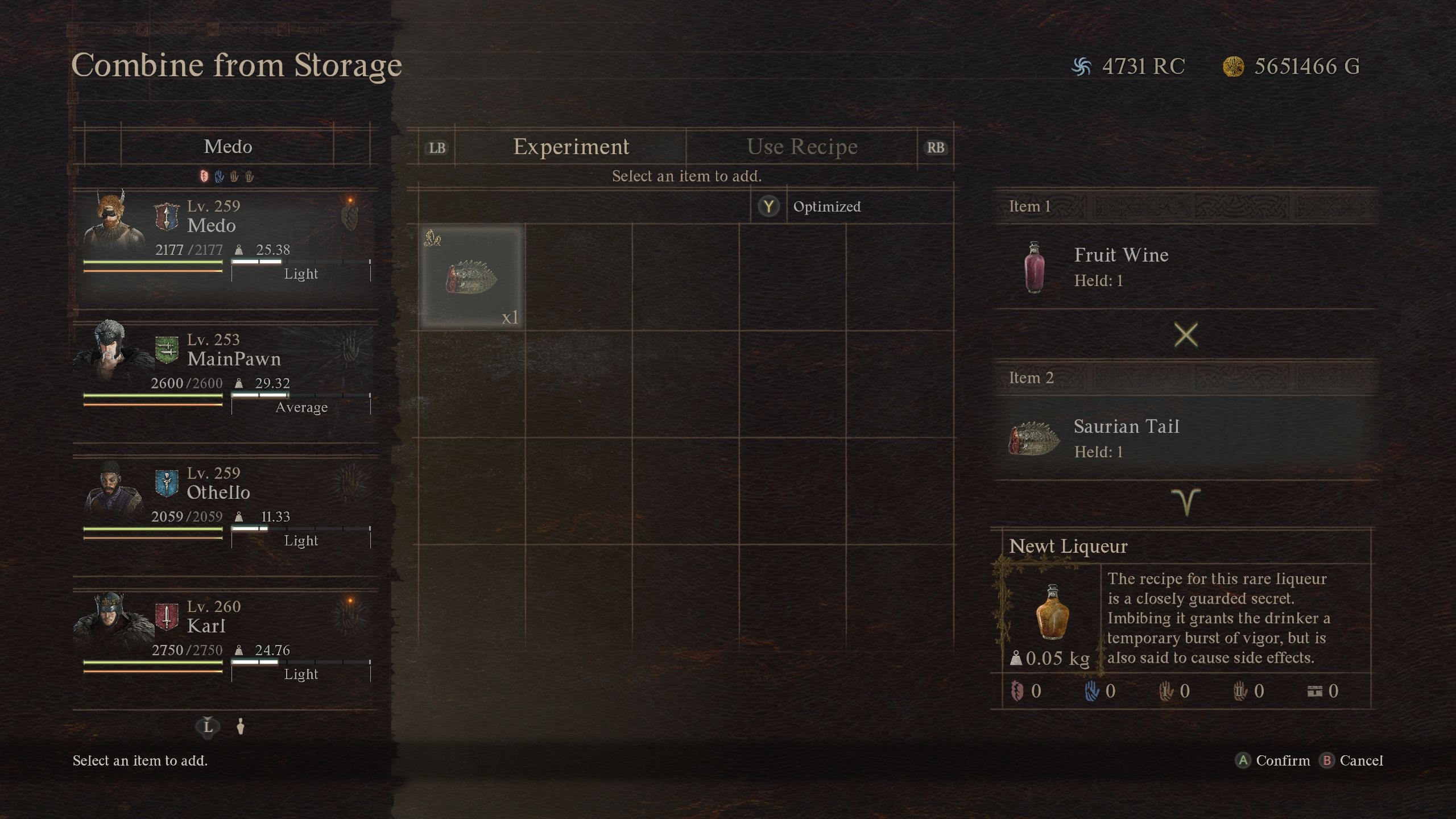 The recipe for crafting the Newt Liqueur - Dragon's Dogma 2
