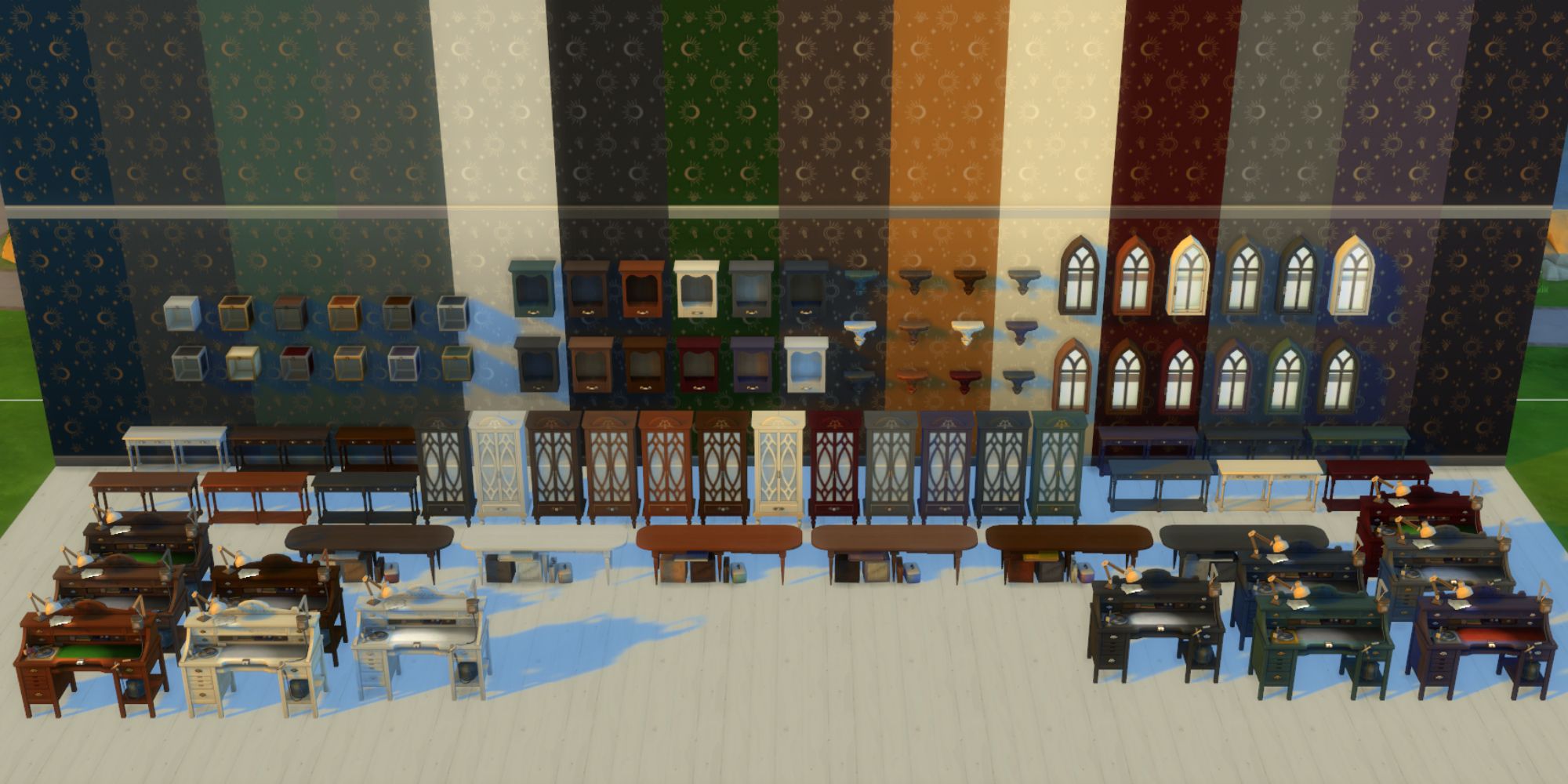 The sims 4 crystal creations all shop items in front of a high wall