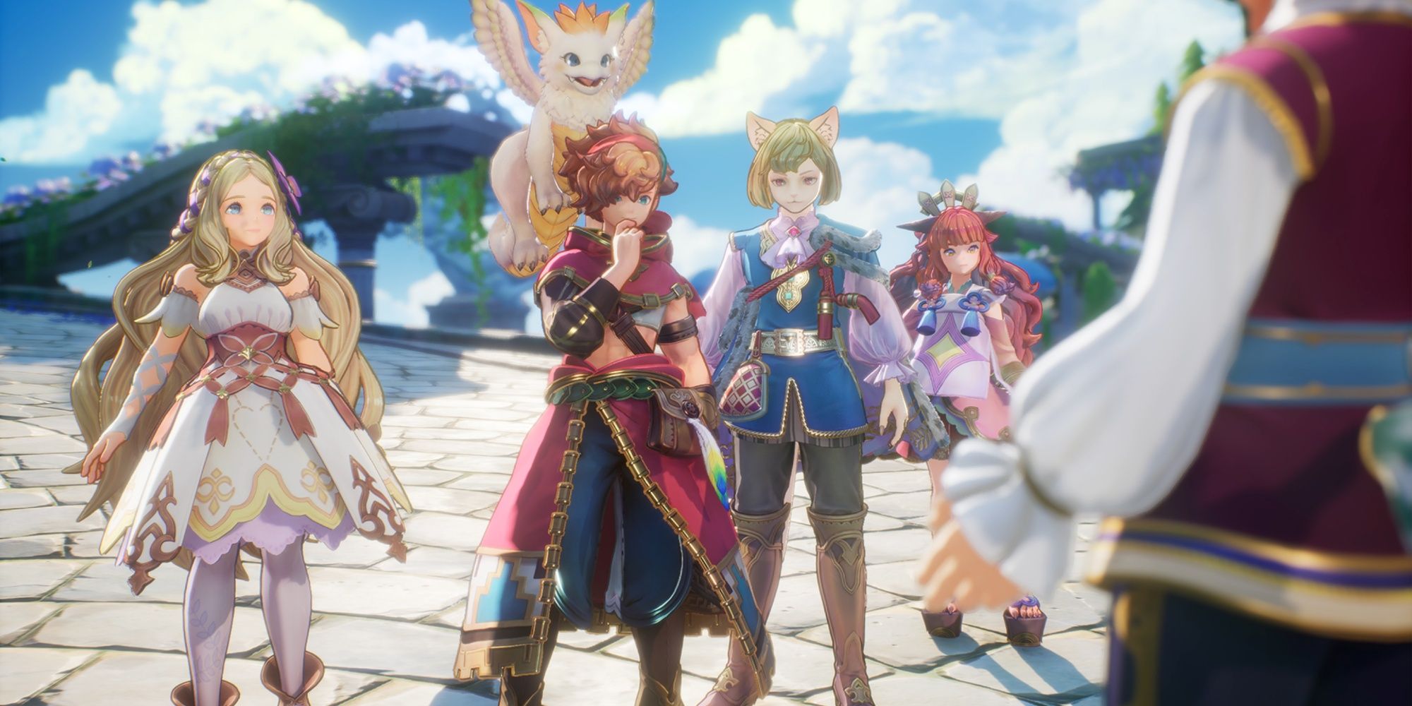 The Visions of Mana party, including Ramcoh, Val, Careena, Morley, and Hinna speaking to someone in a cutscene.